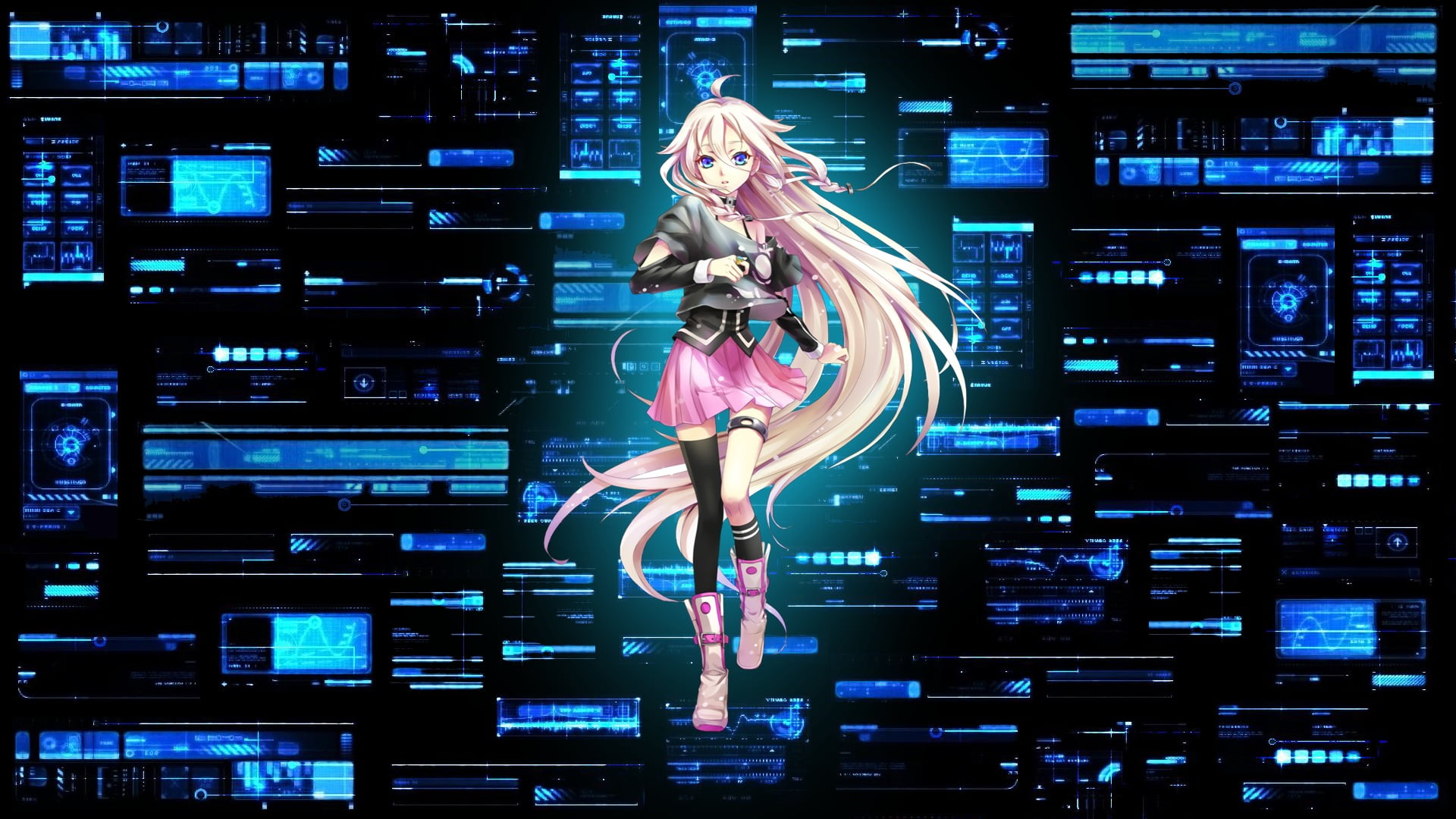 full length, technology, indoors, young adult, Vocaloid, clothing, hair, 1080P, young women, connection, digital composite, dancing, data, flowing, beautiful woman, HD Wallpaper