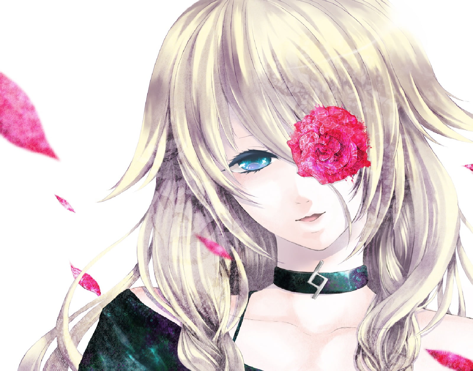 hairstyle, IA (Vocaloid), rose, indoors, leisure activity, front view, anime, 720P, women, flowers, beautiful woman, young adult, warm clothing, anime girls, HD Wallpaper