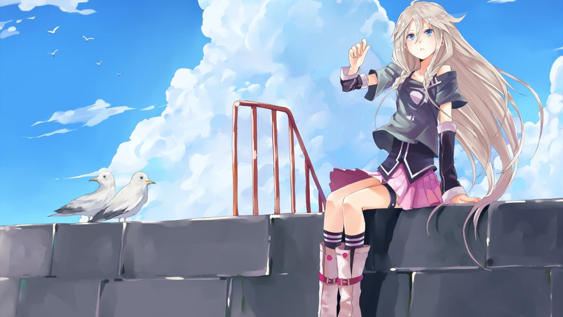 IA (Vocaloid), Vocaloid, young women, table, pigeons, casual clothing, standing, anime, clouds, day, sky, outdoors, wooden, front view, architecture, real people, HD Wallpaper