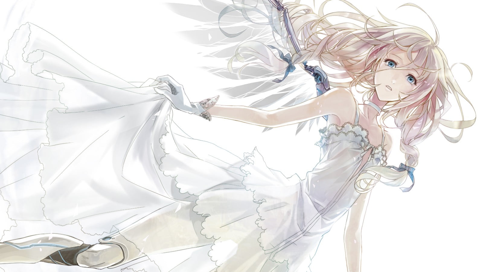 white color, white background, day, IA (Vocaloid), white dress, wings, 720P, pattern, still life, close-up, no people, bed, ribbon, indoors, abstract, HD Wallpaper