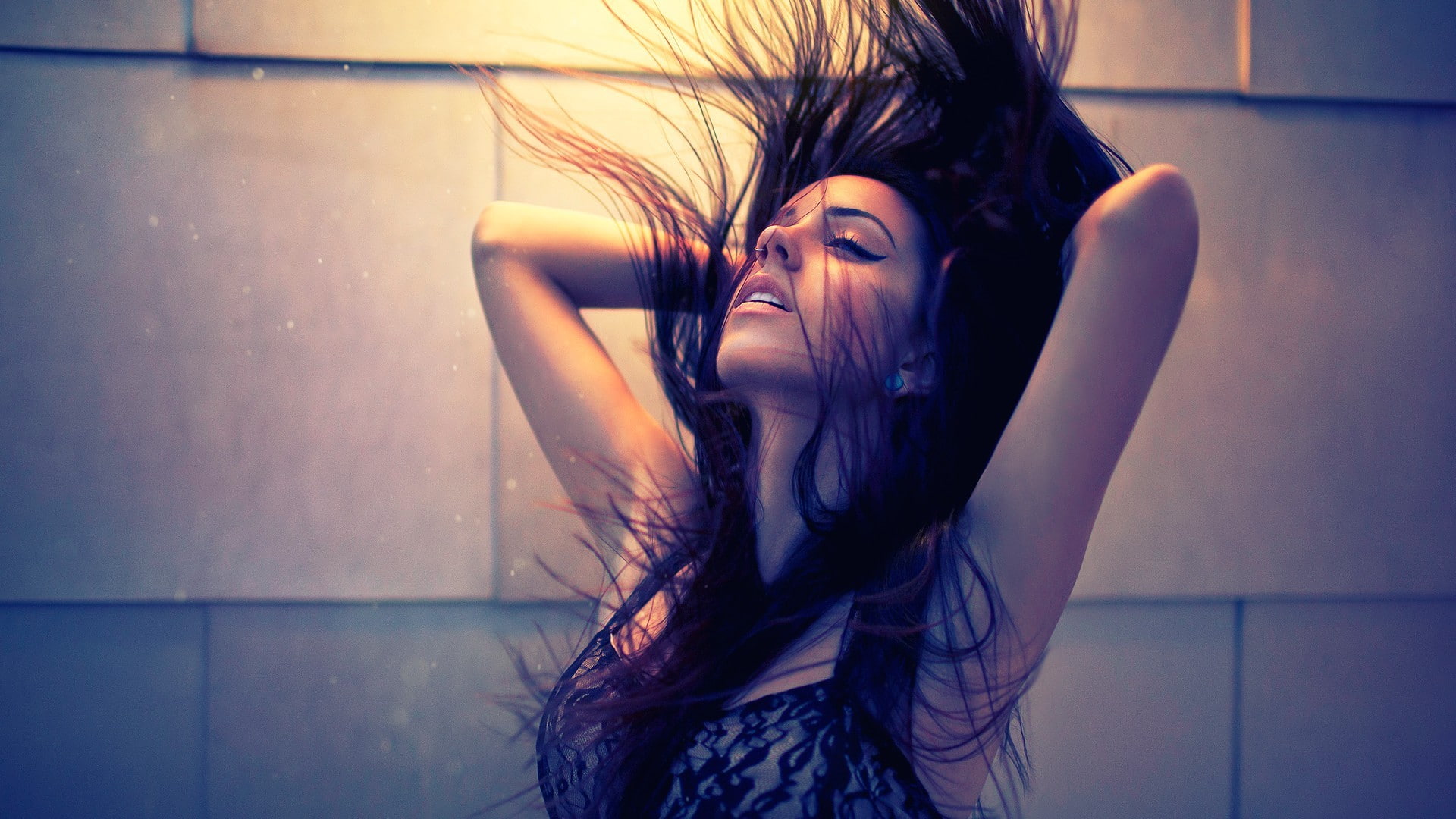 hair toss, young women, hair, model, portrait, human hair, Hannah Ray, wind, freedom, arms up, pierced nose, outdoors, carefree, hairstyle, closed eyes, HD Wallpaper