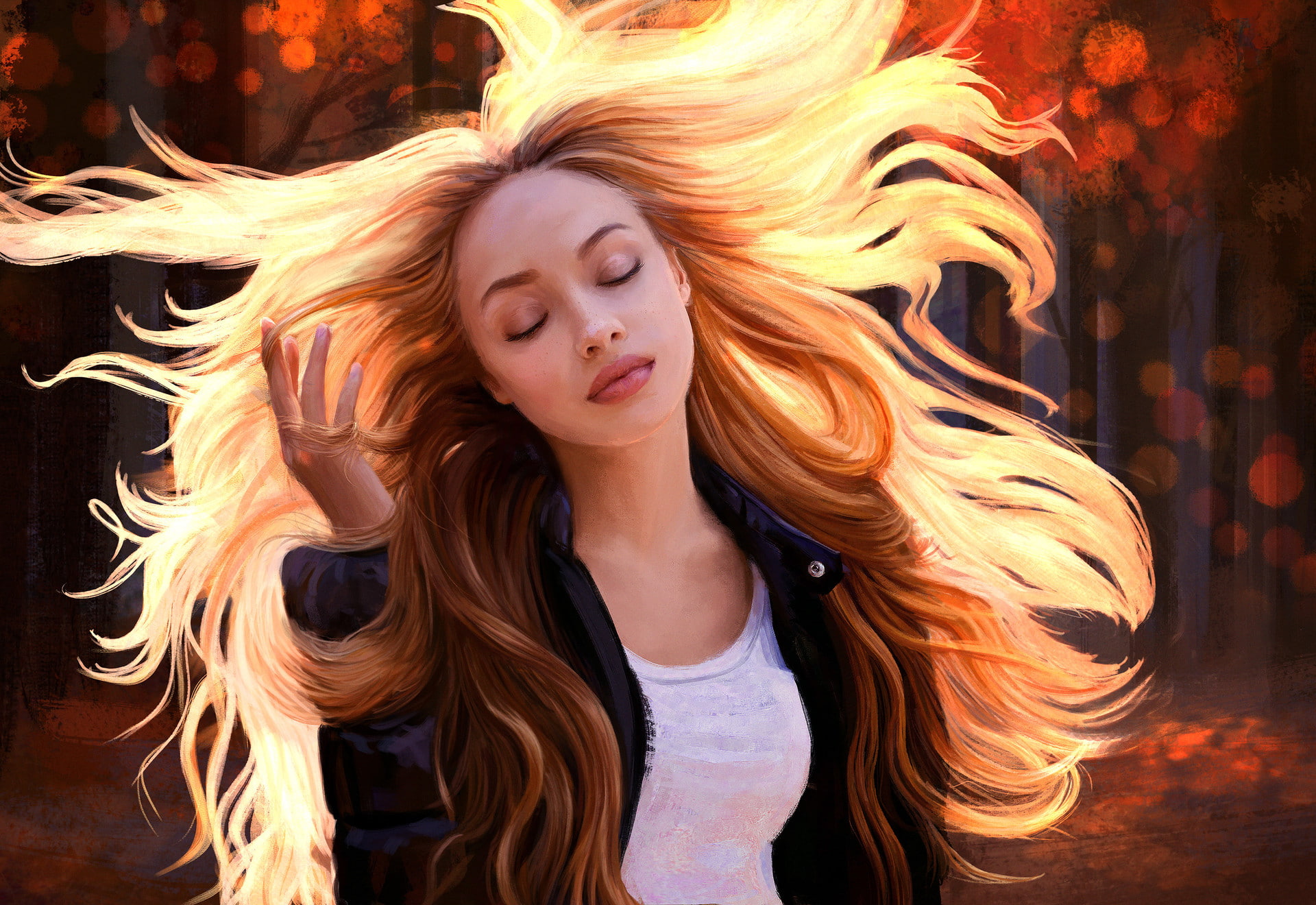 artwork, fashion, one person, young adult, Mandy Jurgens, real people, redhead, hair, human hair, long hair, painting, hair toss, casual clothing, illustration, HD Wallpaper