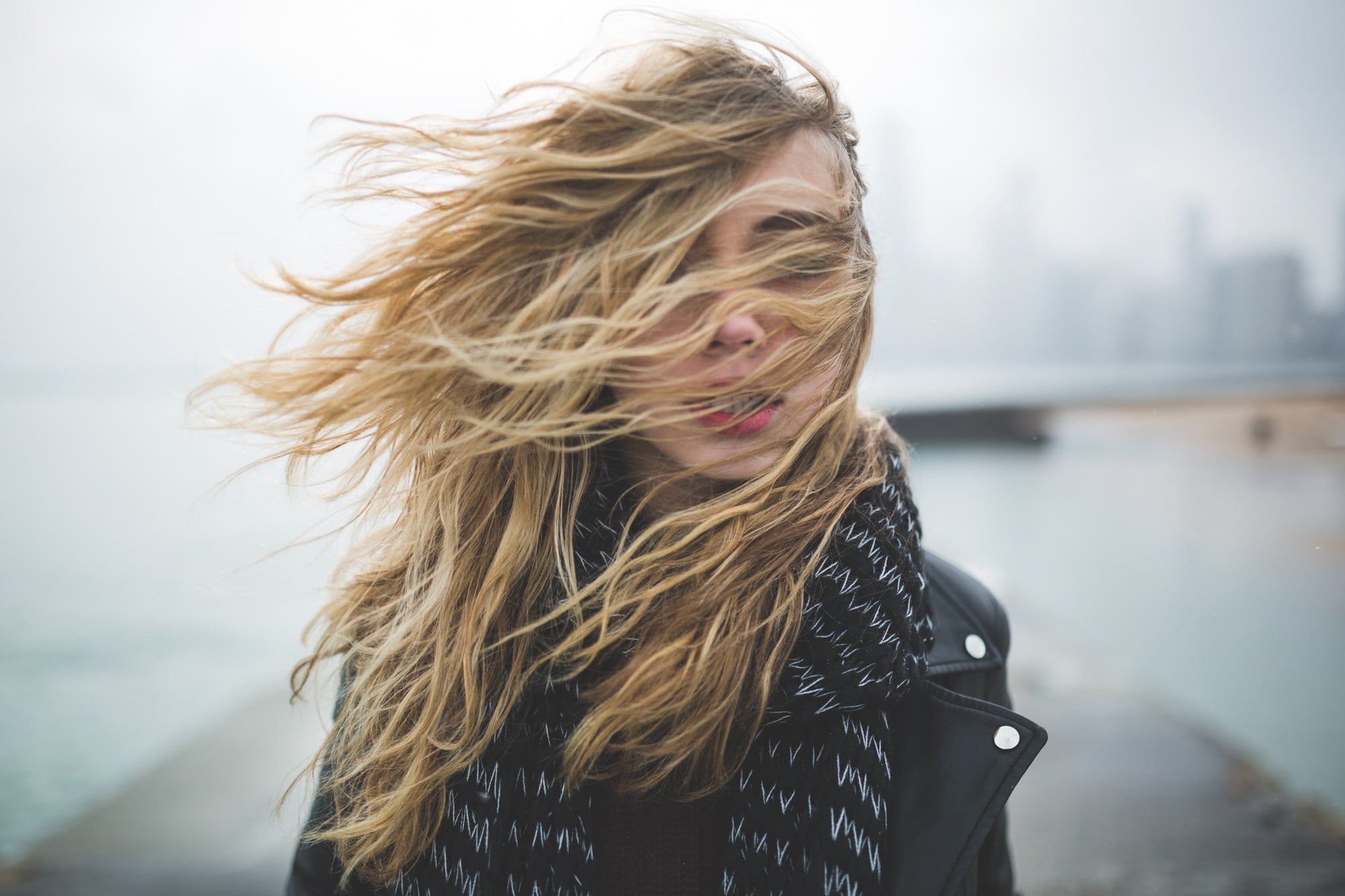 tousled hair, beautiful woman, focus on foreground, adult, hair in face, young women, scarf, one person, day, young adult, wind, water, 1080P, women, beauty, HD Wallpaper