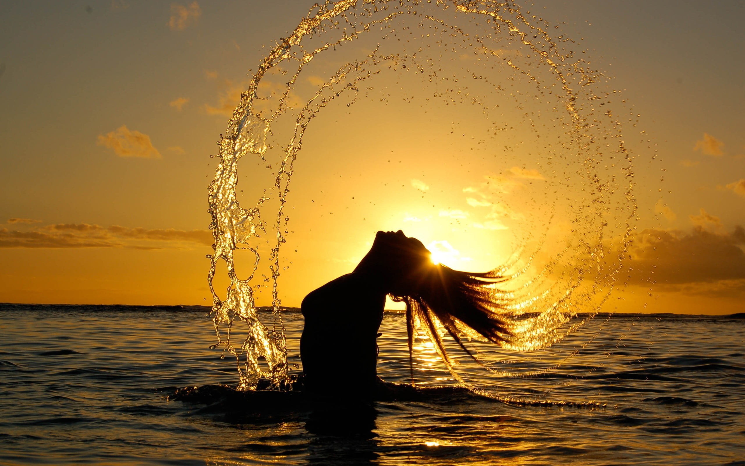 horizon over water, beauty in nature, sea, women, lifestyles, sunlight, hair toss, horizon, motion, splashing, nature, waterfront, orange color, scenics - nature, HD Wallpaper