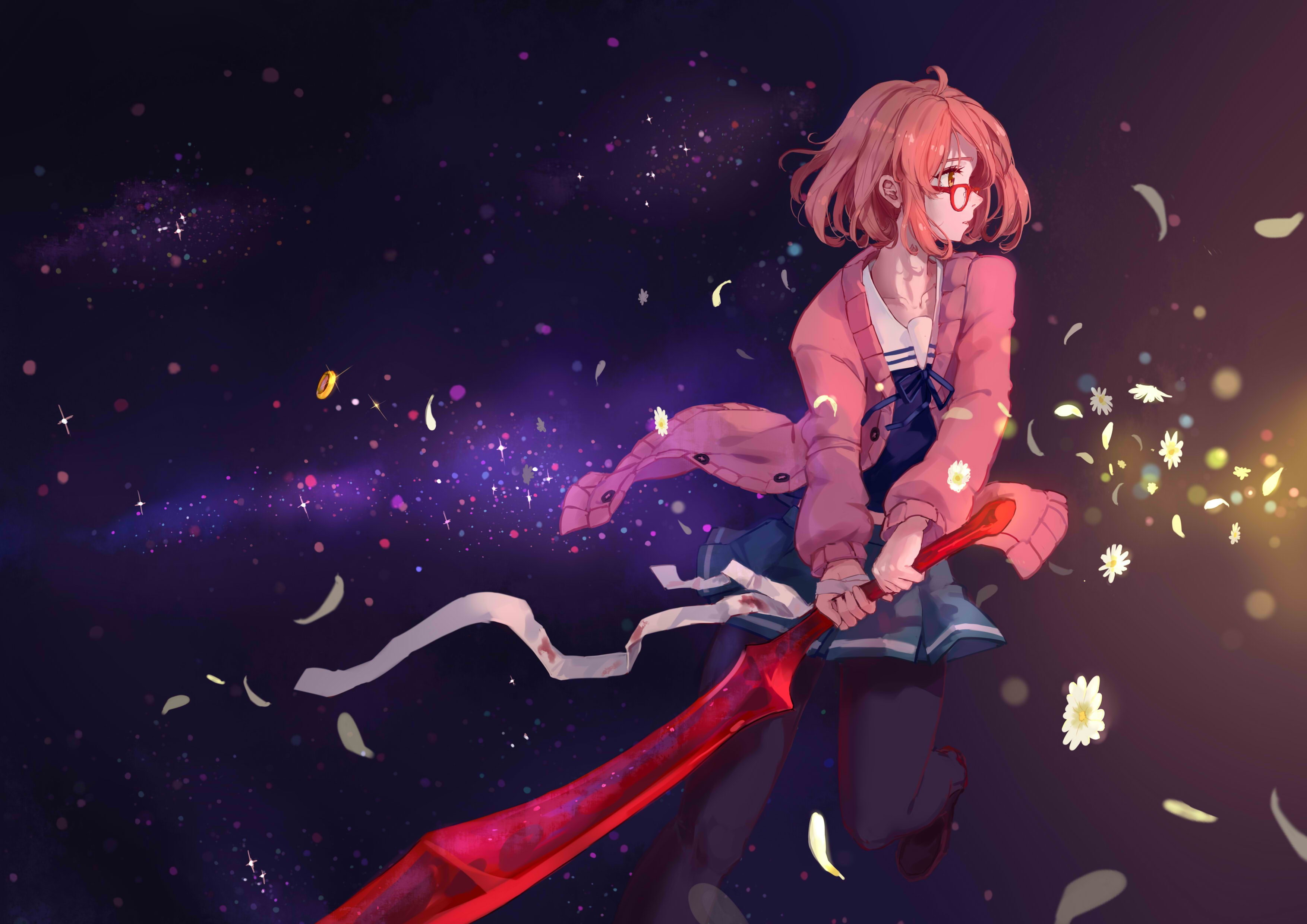skirt, anime, Kyoukai no Kanata, young women, outdoors, full length, women, looking at camera, lifestyles, front view, digital composite, short hair, nature, HD Wallpaper