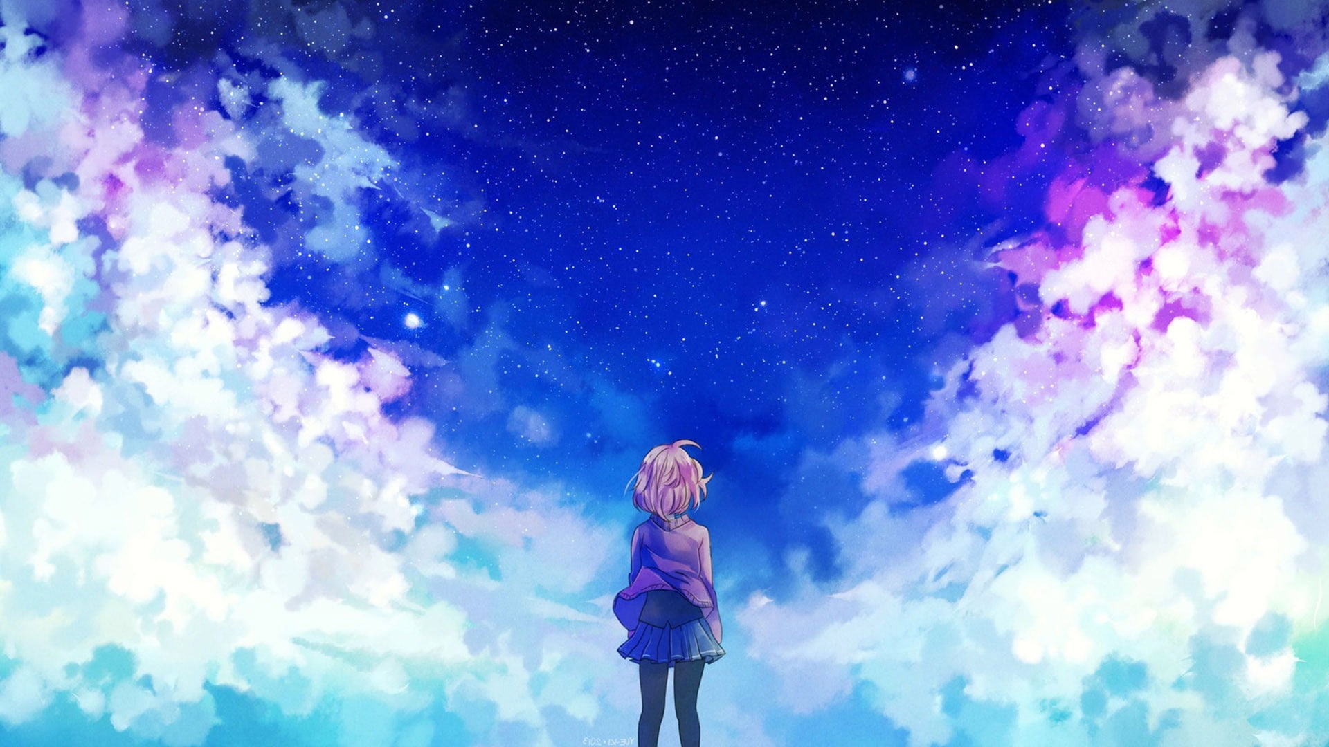 1080P, Kuriyama Mirai, anime girls, clouds, stars, Kyoukai no Kanata, HD Wallpaper