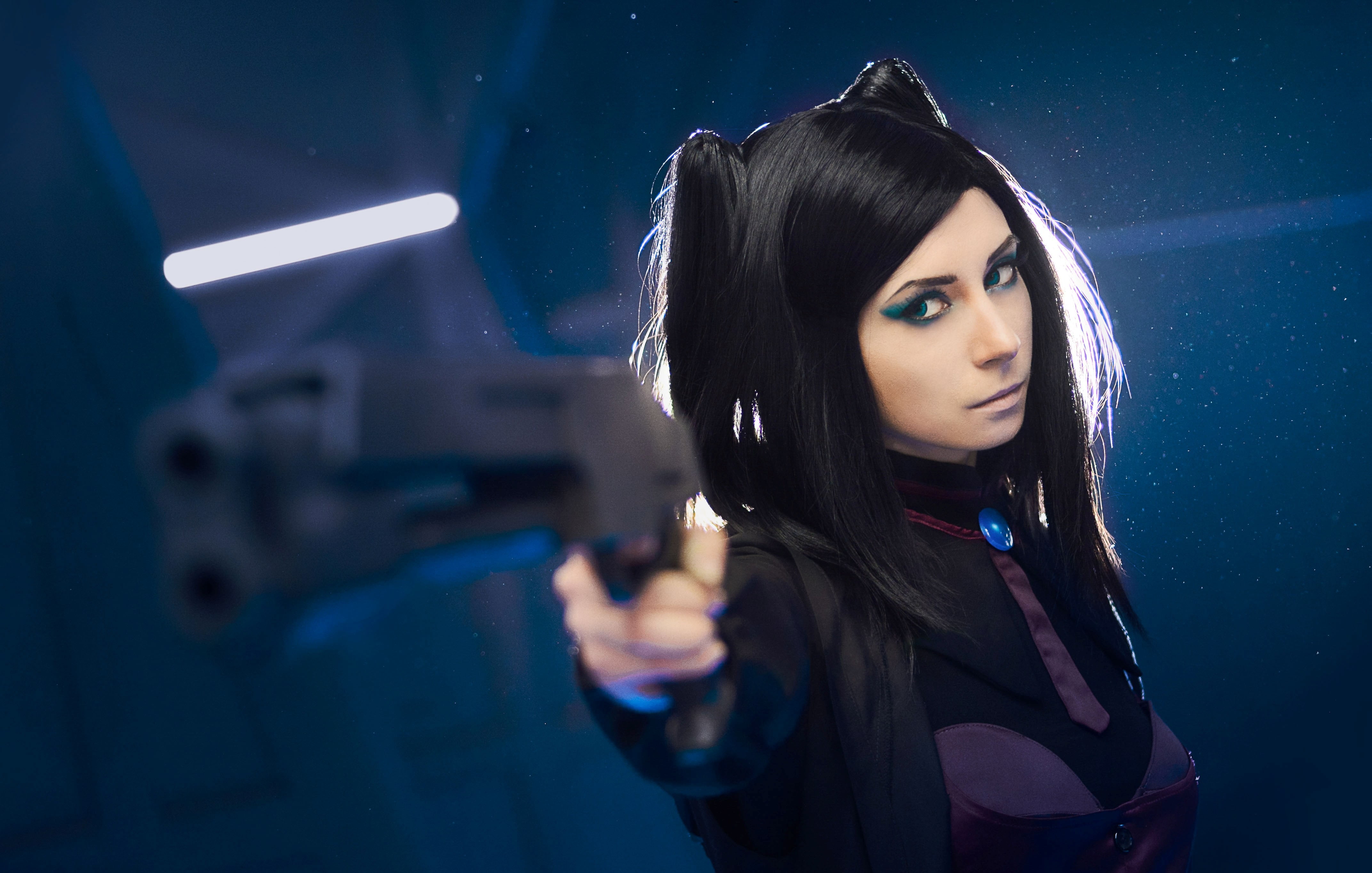 face, young adult, portrait, looking at camera, cosplay, Re-l Mayer, beauty, night, front view, Ergo Proxy, long hair, young women, blue, adult, beautiful woman, HD Wallpaper