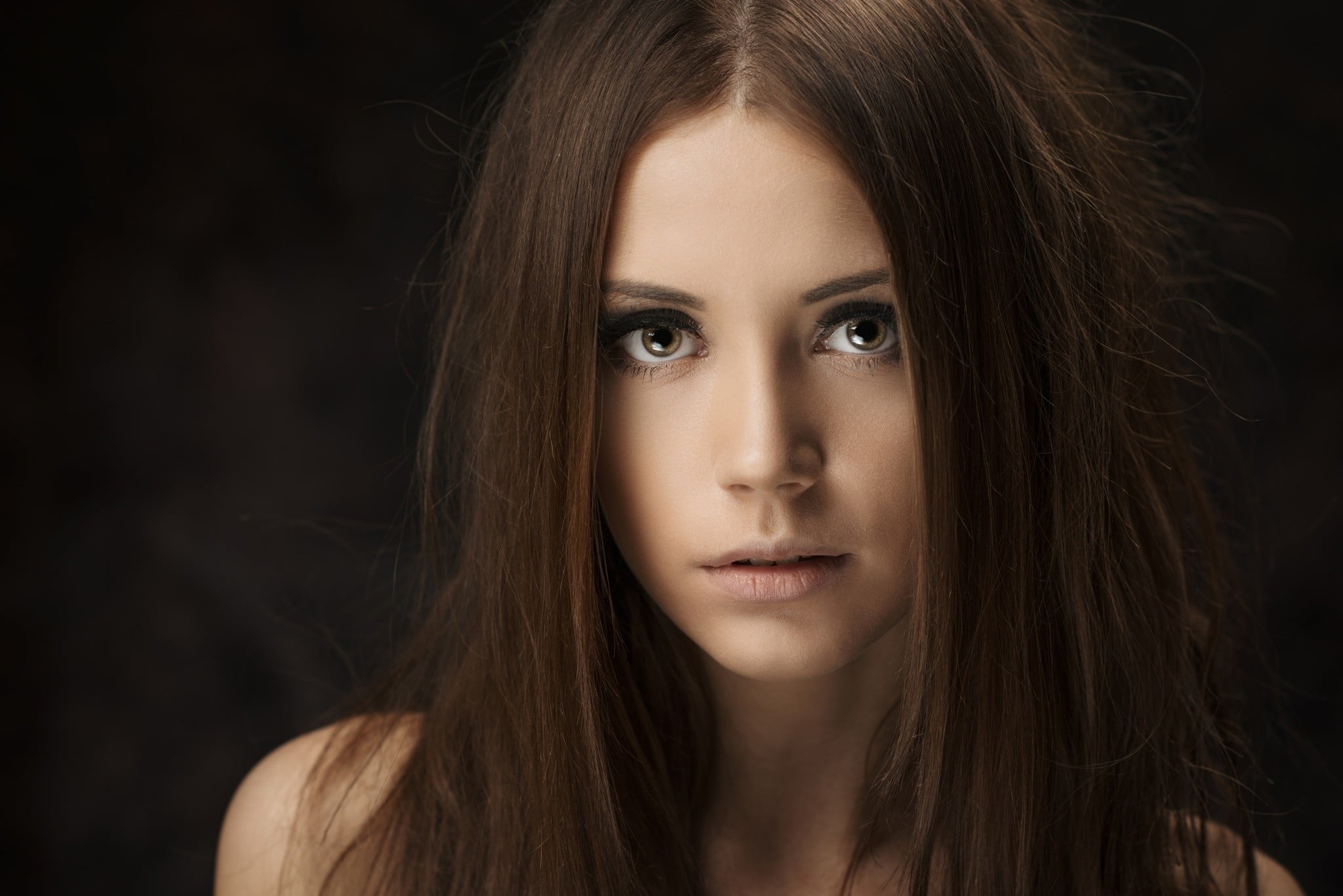 young adult, teenager, studio shot, front view, close-up, 1080P, human hair, model, hair, Ksenia Kokoreva, one person, black background, contemplation, HD Wallpaper