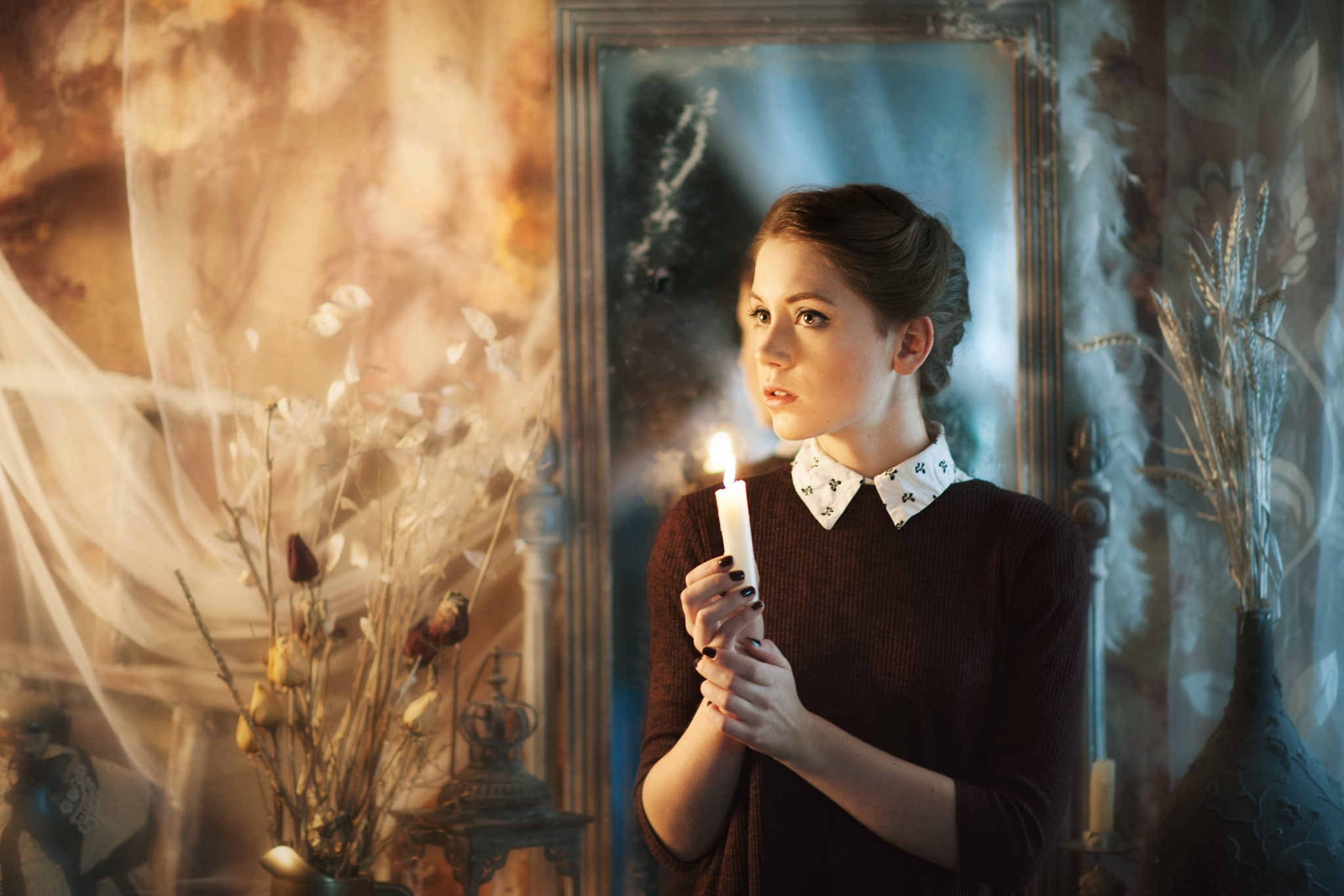 1080P, women, painted nails, fantasy girl, Ksenia Kokoreva, candles, Maxim Maximov, mirror, HD Wallpaper