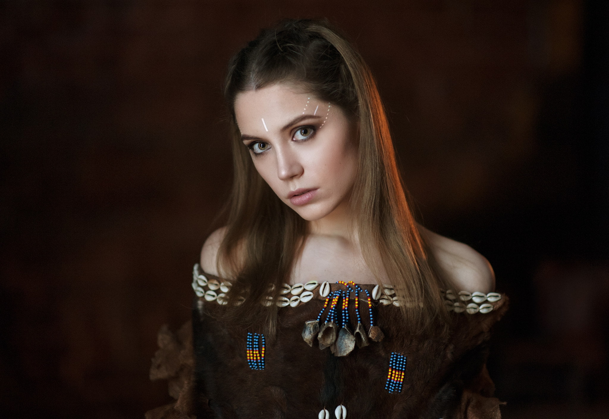 brown hair, 500px, waist up, women, studio shot, Ksenia Kokoreva, long hair, black background, portrait, teenager, brunette, beautiful woman, indoors, looking at viewer, HD Wallpaper