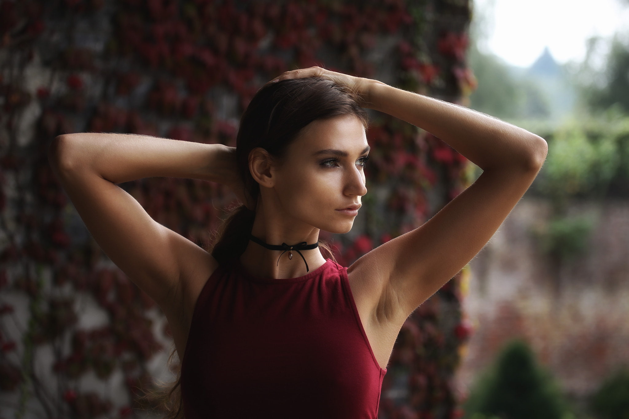 portrait, Ilvy Kokomo, armpits, women, choker, looking away, tanned, 1080P, HD Wallpaper