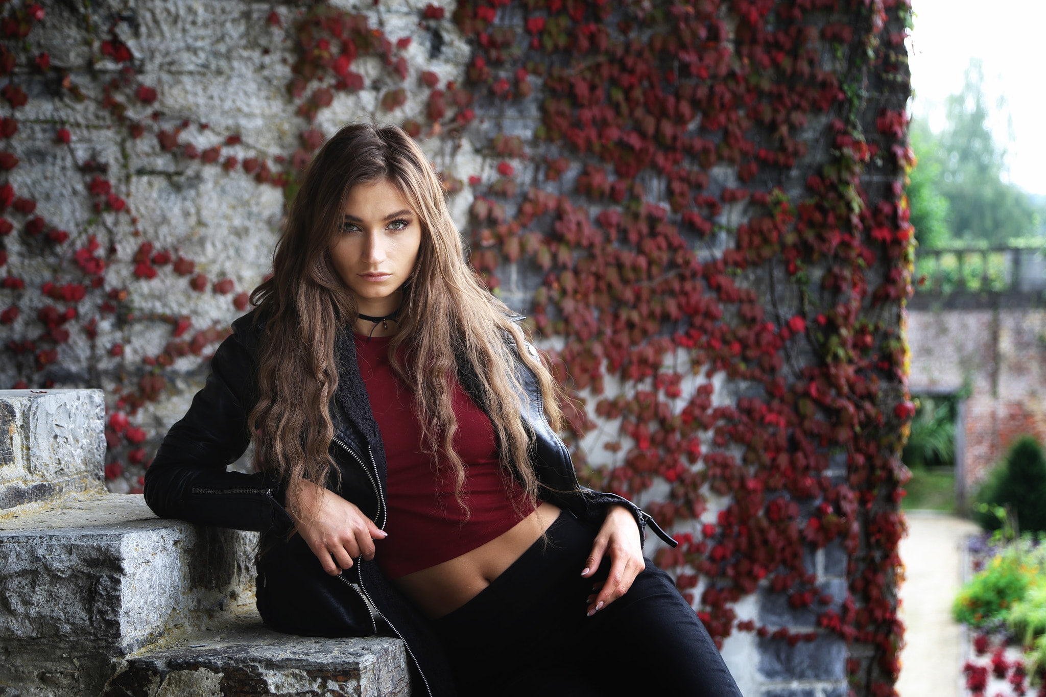 women, leather jackets, choker, portrait, 1080P, tanned, Ilvy Kokomo, HD Wallpaper