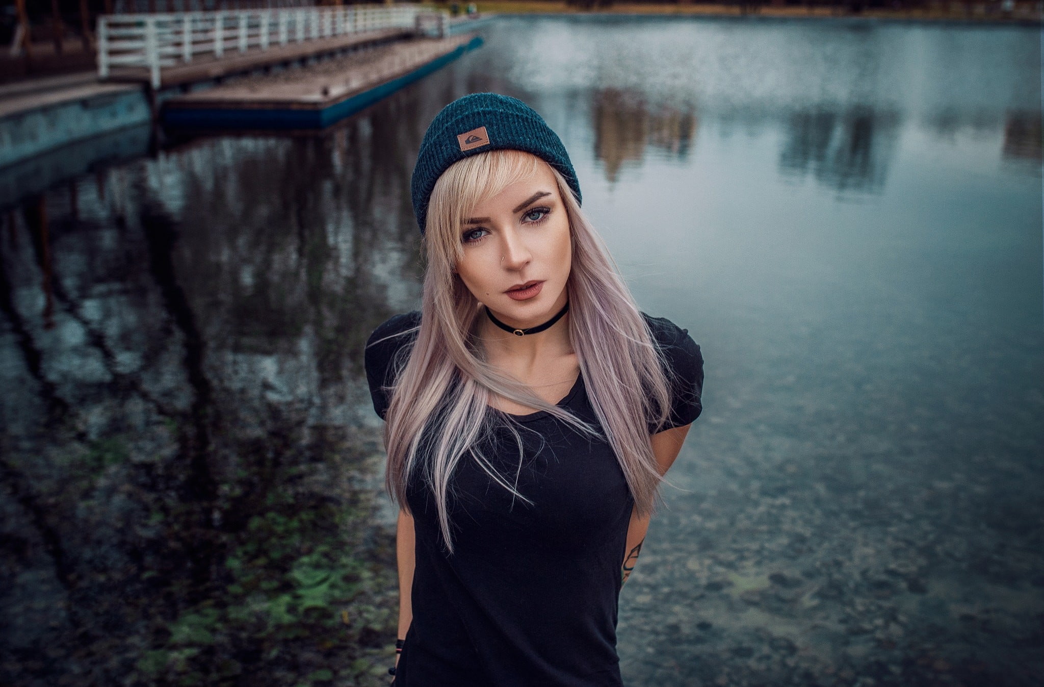 hat, t, long hair, hairstyle, nature, contemplation, dyed hair, young women, Taisya Turovskaya, young adult, women outdoors, hair, s, black, outdoors, women, HD Wallpaper