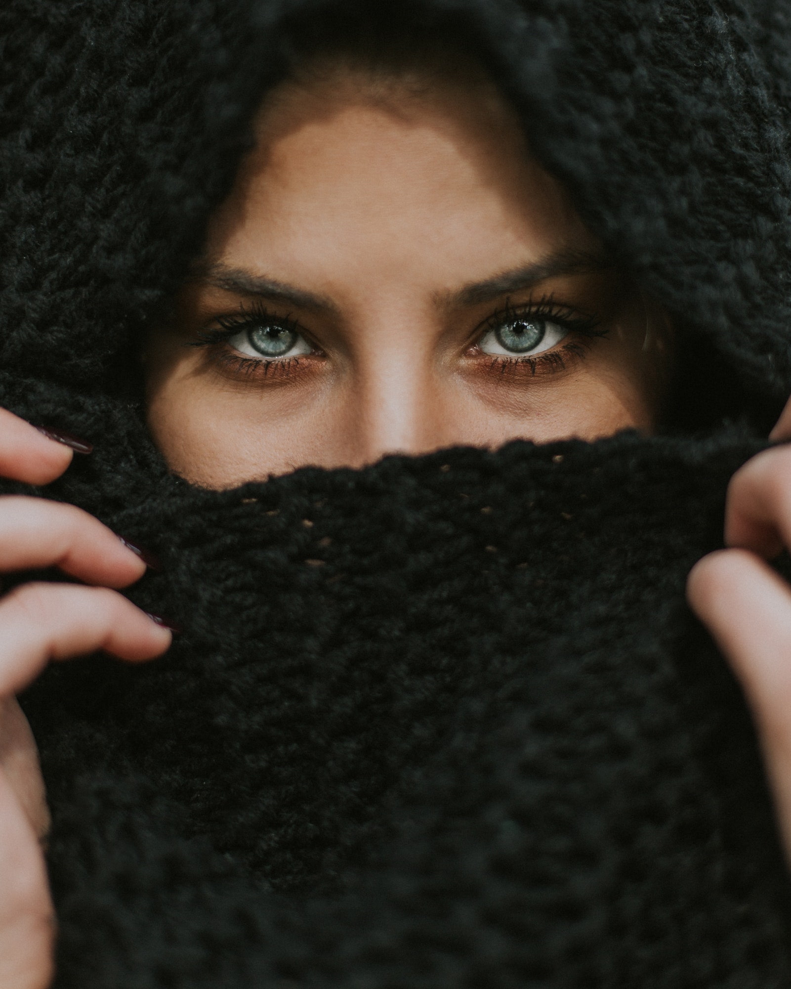 close-up, gray eyes, black background, eyes, covering, women, scarf, warm clothing, face, front view, clothing, headshot, human face, obscured face, hiding, Phone HD Wallpaper