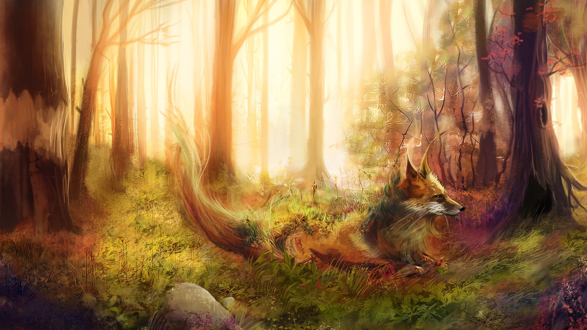 Art, Fox, Grass, Forest, Trees, Rocks, Painting, 1080P, HD Wallpaper