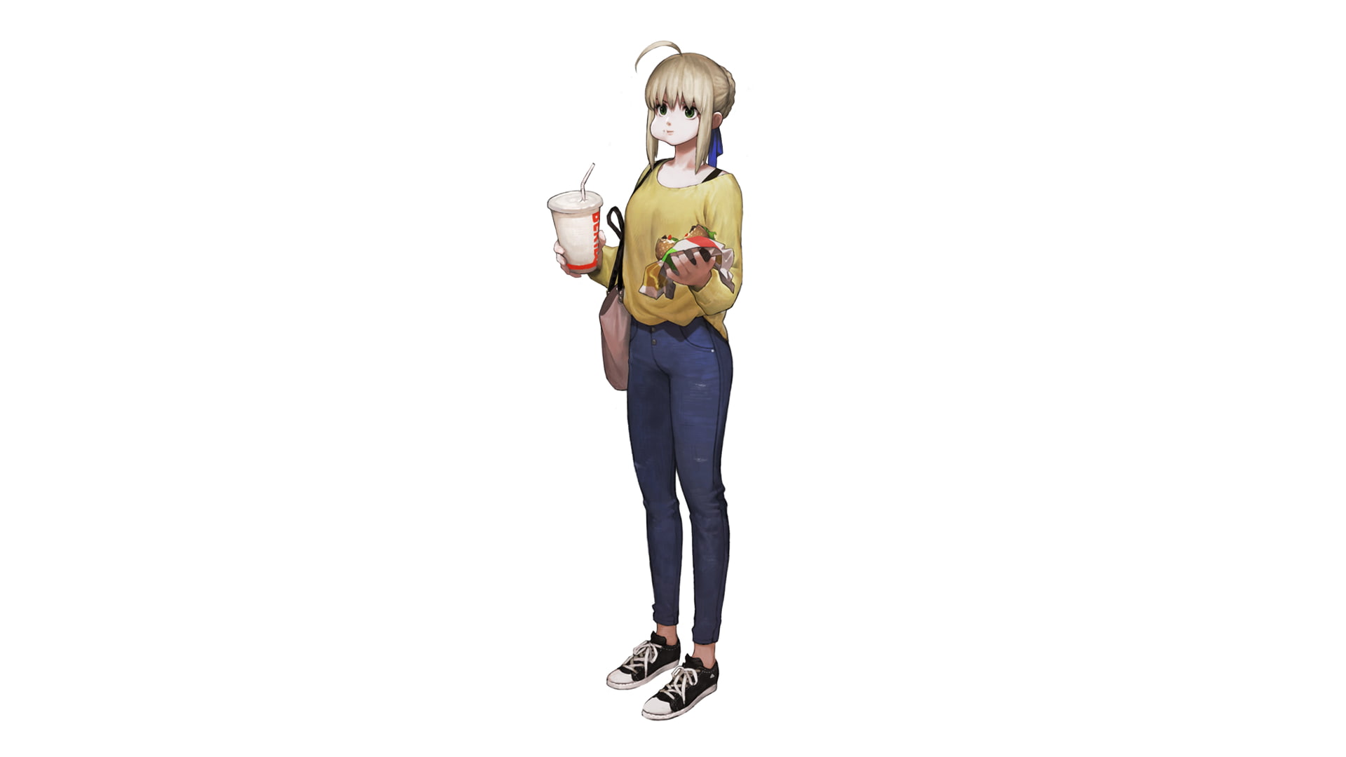 white background, anime girls, anime girls eating, blonde, fast food, 1080P, minimalism, Fate/Grand Order, Mysterious Heroine X (Fate/Grand Order), burger, HD Wallpaper
