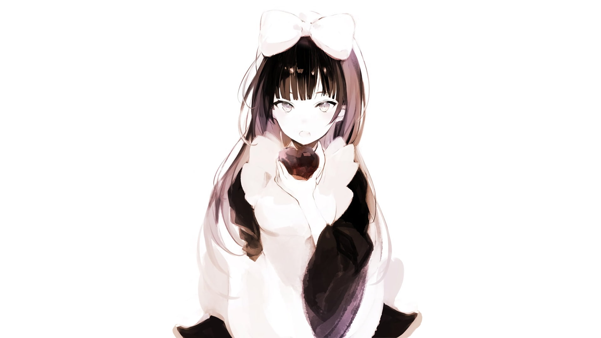 manga, minimalism, anime girls, simple background, brunette, maid, anime, anime girls eating, 1080P, white background, HD Wallpaper