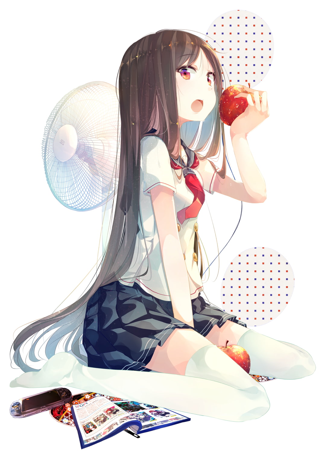 brunette, anime, kneeling, 720P, anime girls eating, apples, eating, miniskirt, red eyes, anime girls, Phone HD Wallpaper