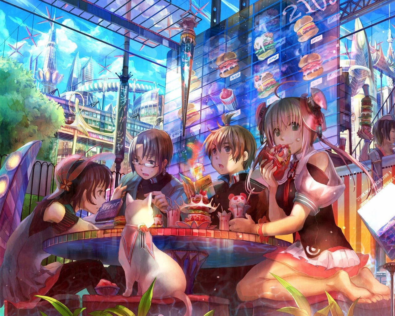 anime, eating, original characters, anime girls, 720P, cat, HD Wallpaper
