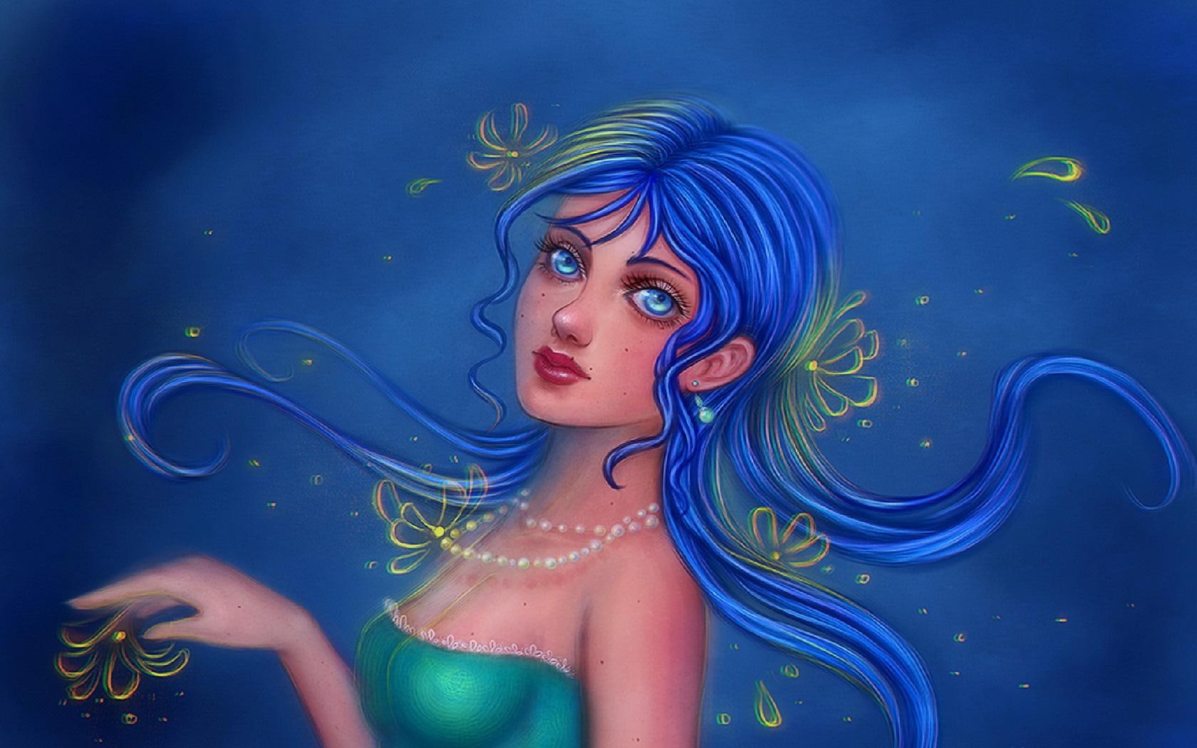 lovely, 720P, dress, blue, paintings, female, lightness, digital-art, weird-things-people-wear, fantasy, drawings, hair, HD Wallpaper