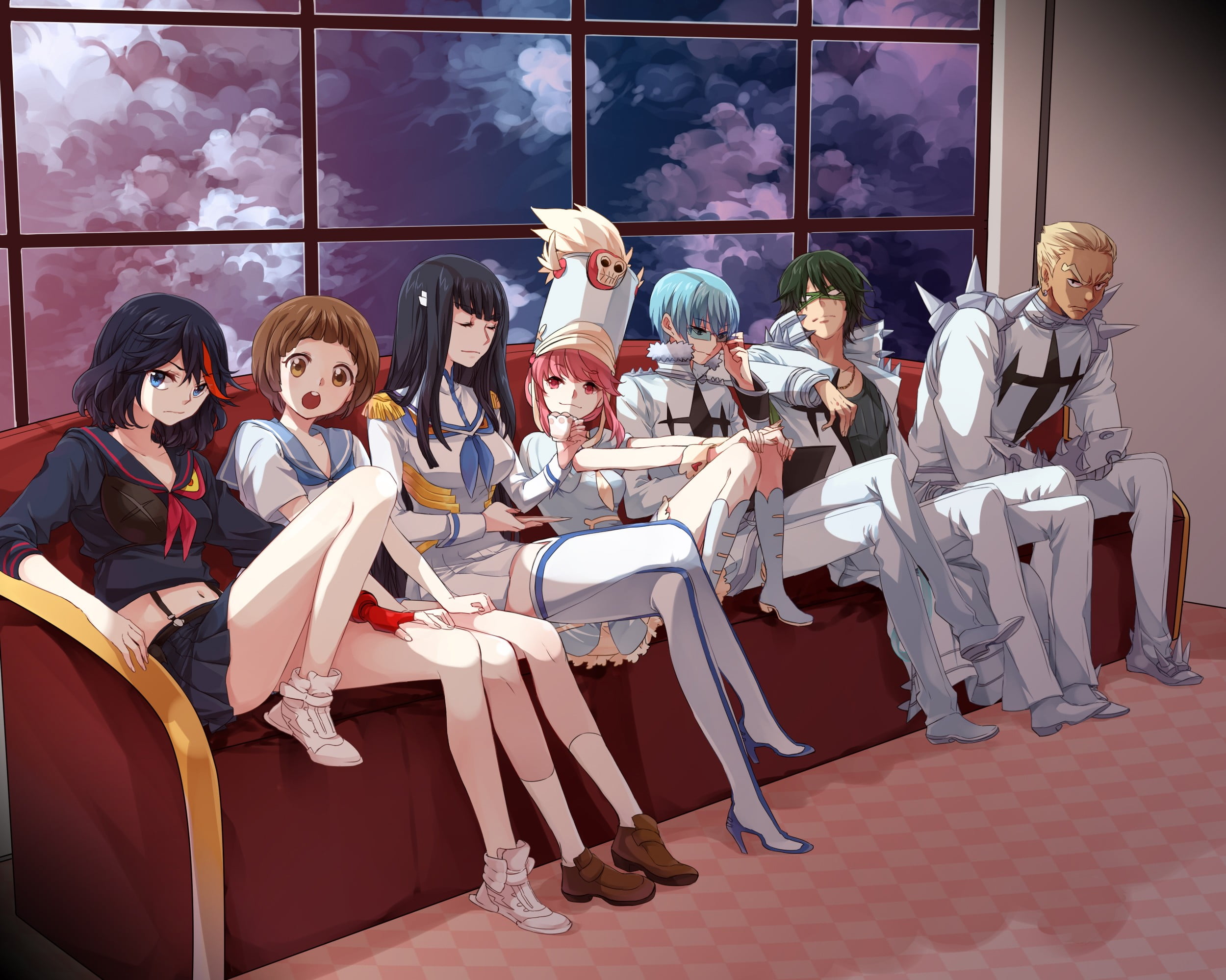 indoors, females, relaxation, 1080P, white, men, chair, full length, dress, group of people, large group of people, Kiryuin Satsuki, seat, shirt, real people, HD Wallpaper