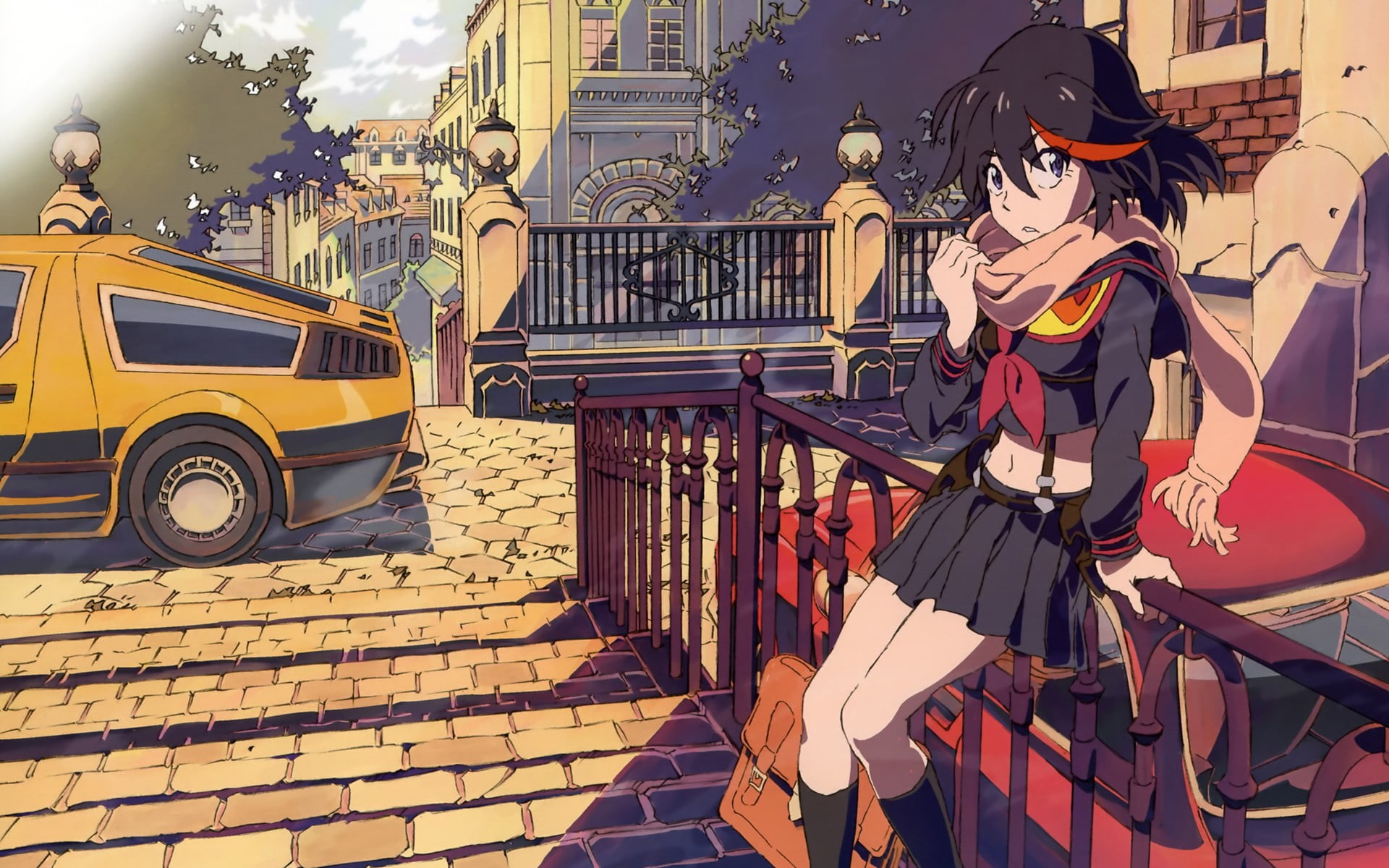 lifestyles, motor vehicle, mode of transportation, city, adult, transportation, casual clothing, brunette, land vehicle, Kill la Kill, anime girls, nature, HD Wallpaper
