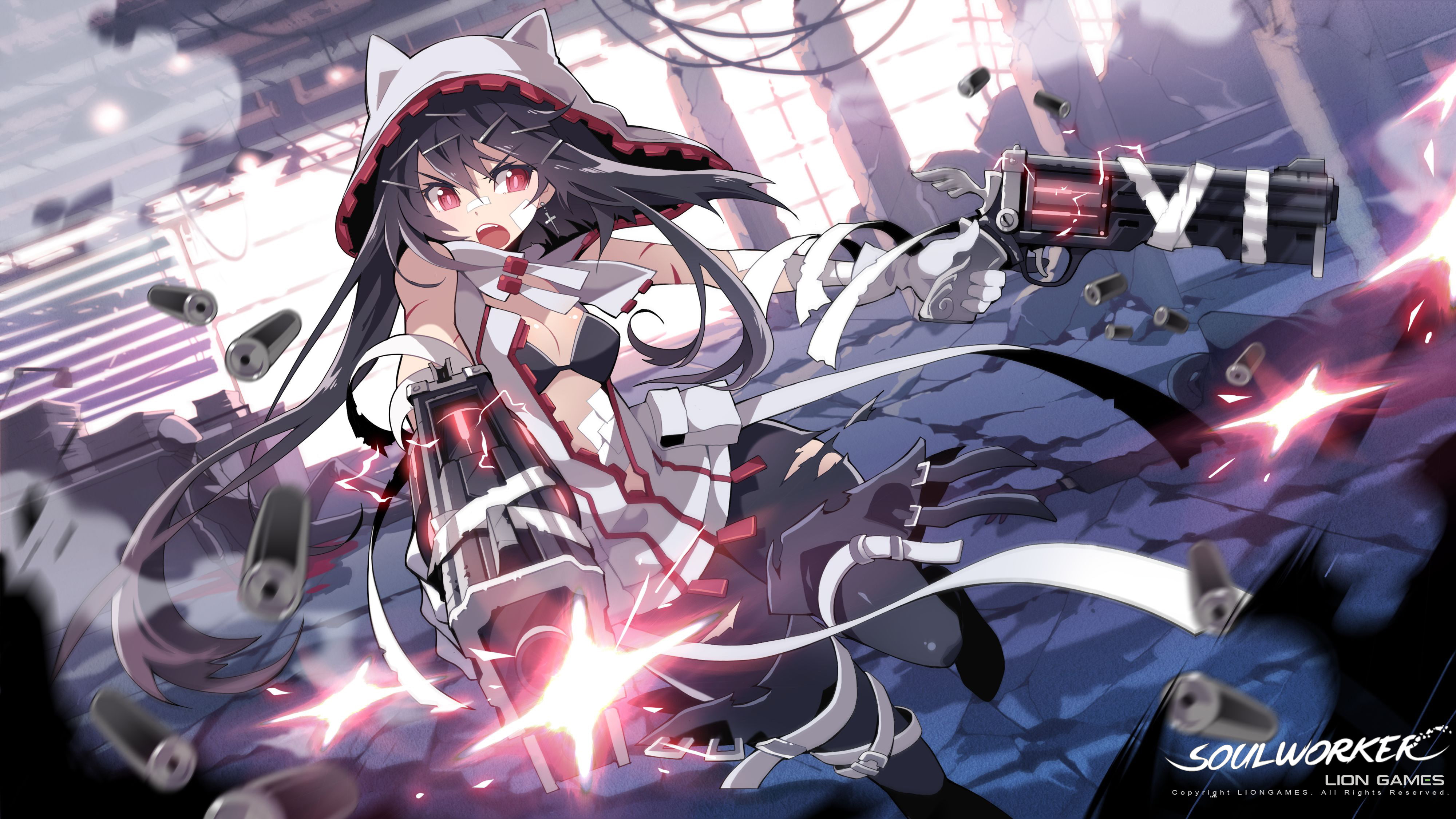 ruins, 4K, eyes, soul, city, Long, red, hair, catgirl, gun, worker, white, weapon, HD Wallpaper