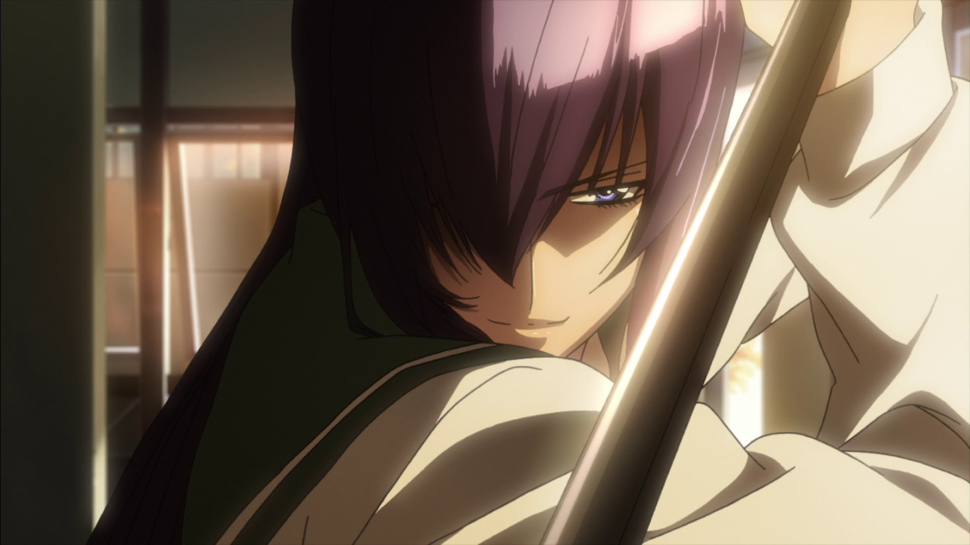 glass - material, indoors, blue eyes, lifestyles, Highschool of the Dead, reflection, sword, portrait, no people, close-up, anime, home interior, textile, HD Wallpaper