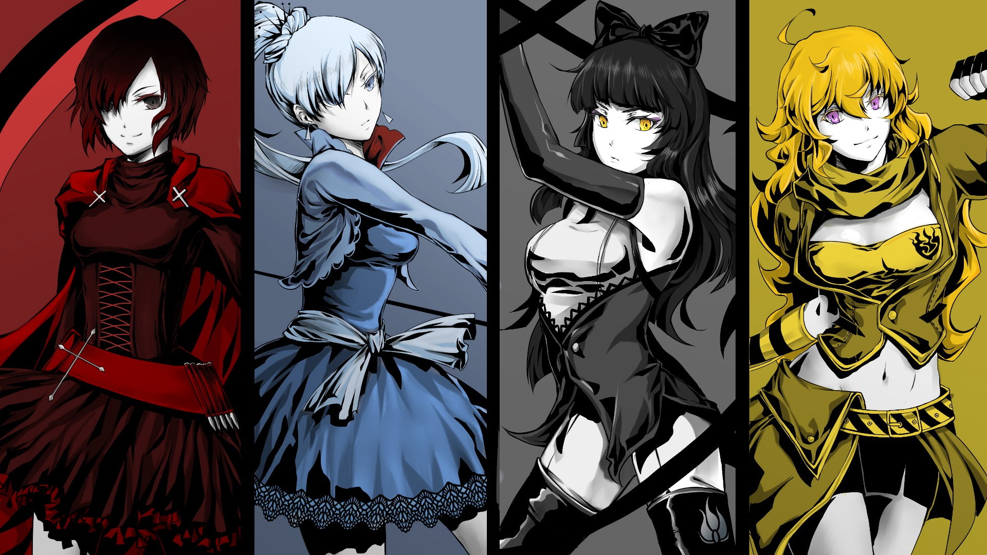 Blake Belladonna, RWBY, 1080P, Ruby Rose (character), Weiss Schnee, anime, Yang Xiao Long, HD Wallpaper