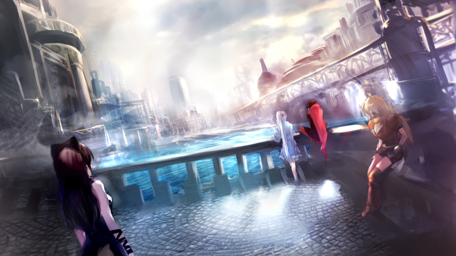 1080P, Ruby Rose (RWBY), outdoors, Weiss Schnee, City, motion, architecture, Blake Belladonna, real people, people, sky, building exterior, cloud - sky, HD Wallpaper