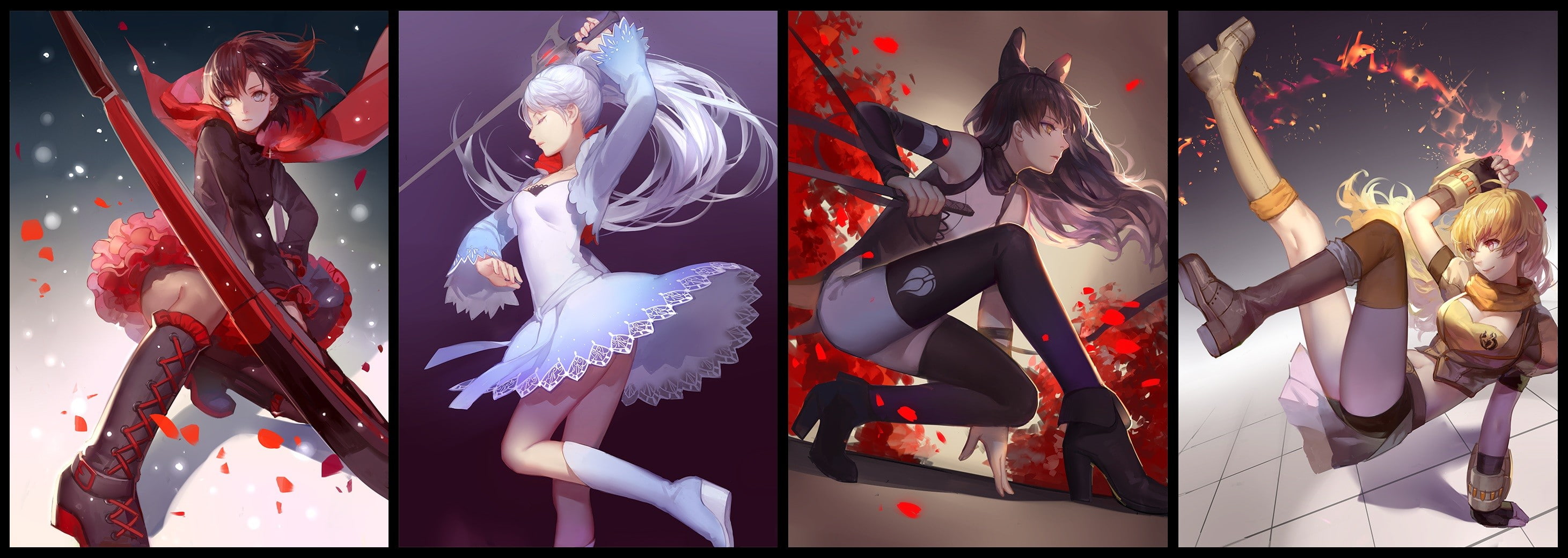 collage, 2K, RWBY, Blake Belladonna, Yang Xiao Long, anime girls, Ruby Rose (character), Weiss Schnee, fantasy girl, HD Wallpaper
