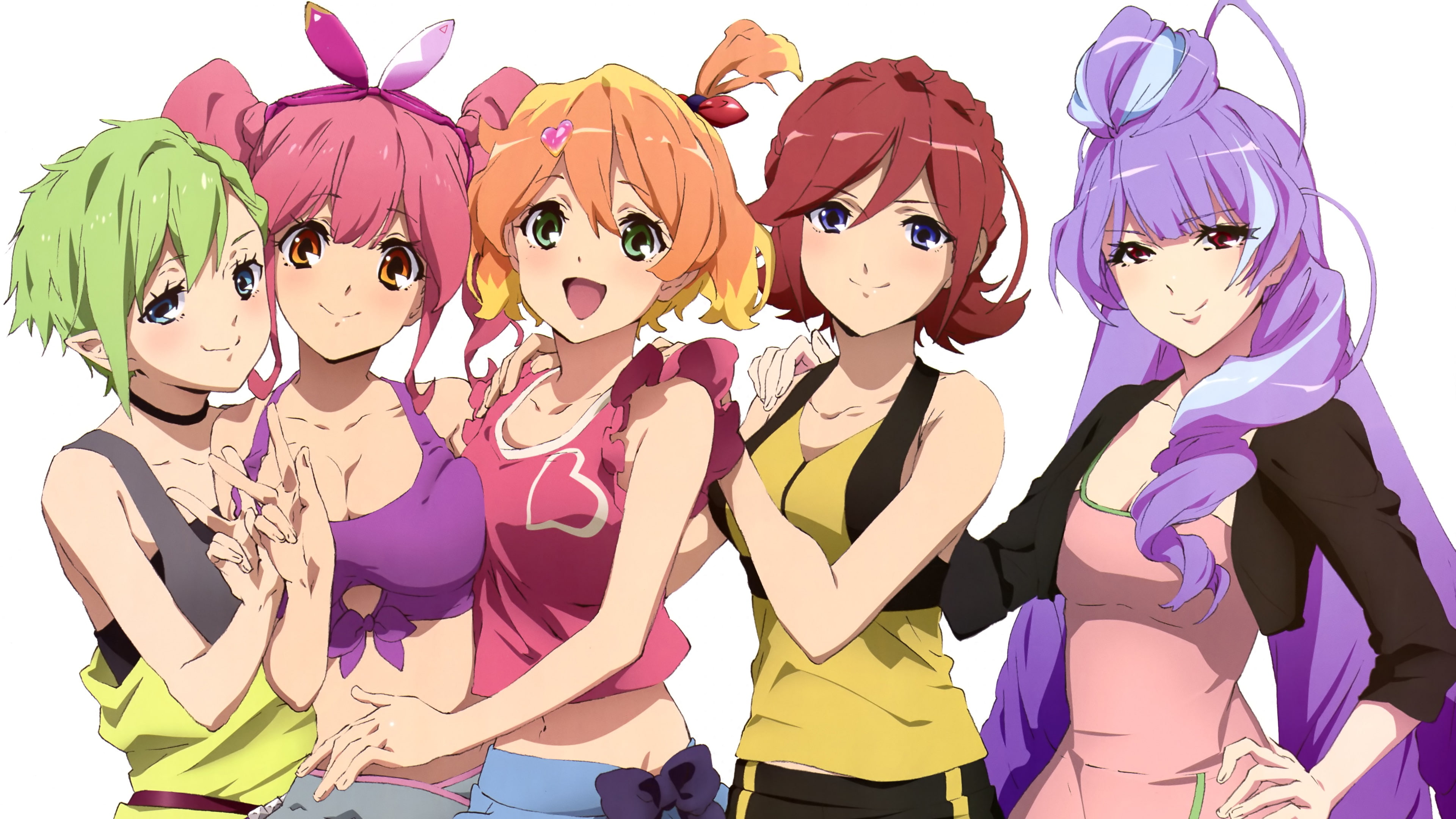purple, red, cartoon, Five, Macross, female, green, orange, character, Anime, 4K, hair, Girls, HD Wallpaper