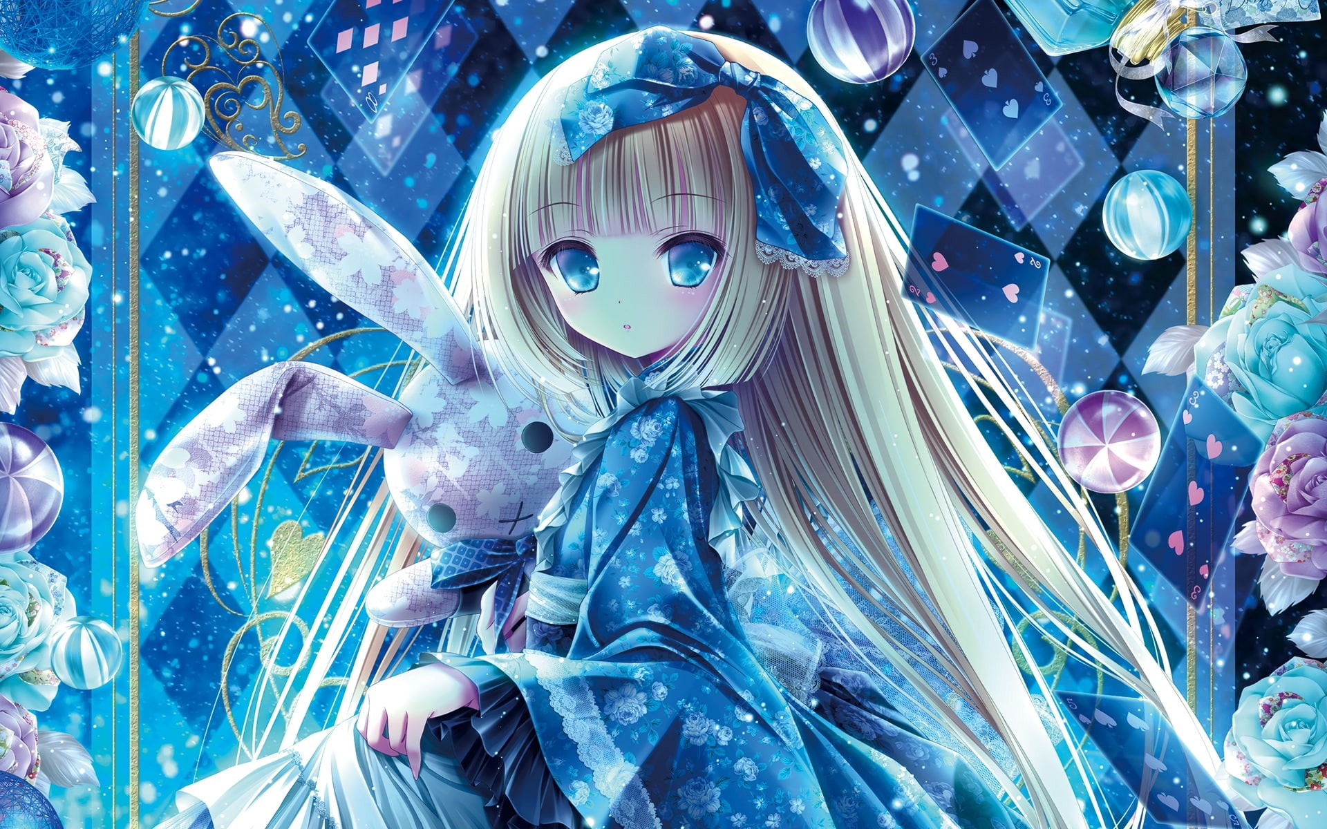 creativity, event, ribbon, teddy bear, blue, kimono, disguise, full frame, 1080P, blonde, Anime, christmas, anime girl, decoration, human representation, HD Wallpaper