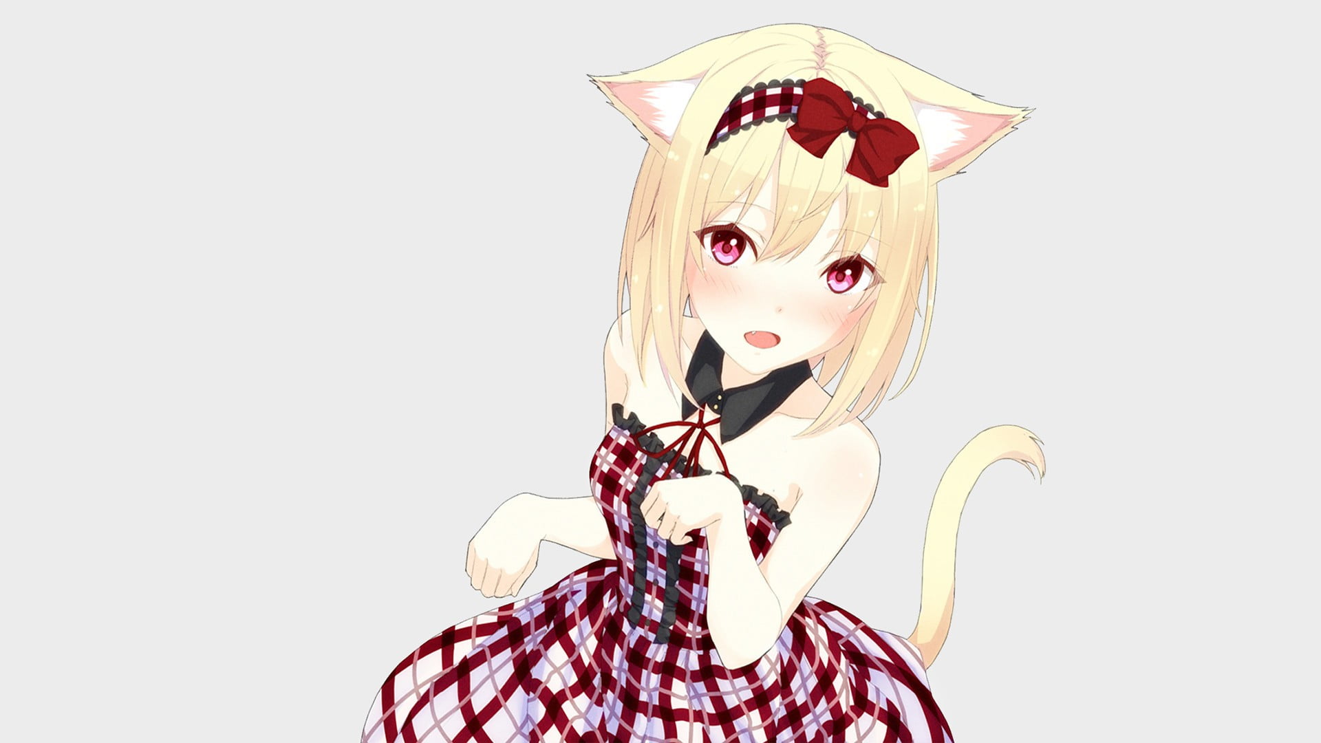 cat girl, ribbon, beauty, digital composite, human face, one person, portrait, headshot, 1080P, anime girls, red, front view, beautiful woman, looking at camera, HD Wallpaper