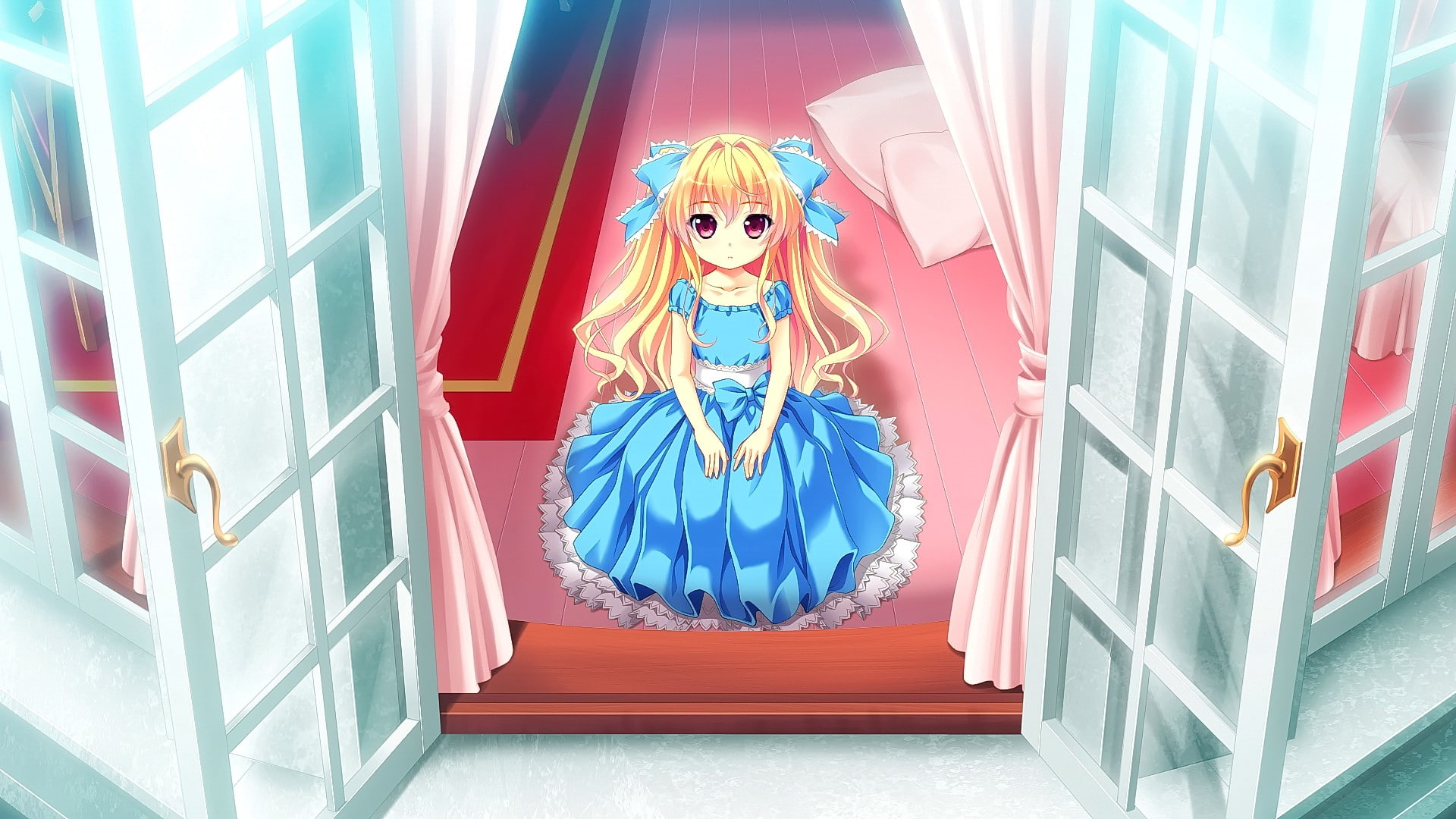 childhood, anime, blonde, beautiful woman, looking at camera, innocence, blue, anime girls, Chinami Kamiwazumi, Baka Moe Heart ni Ai wo Komete, full length, HD Wallpaper