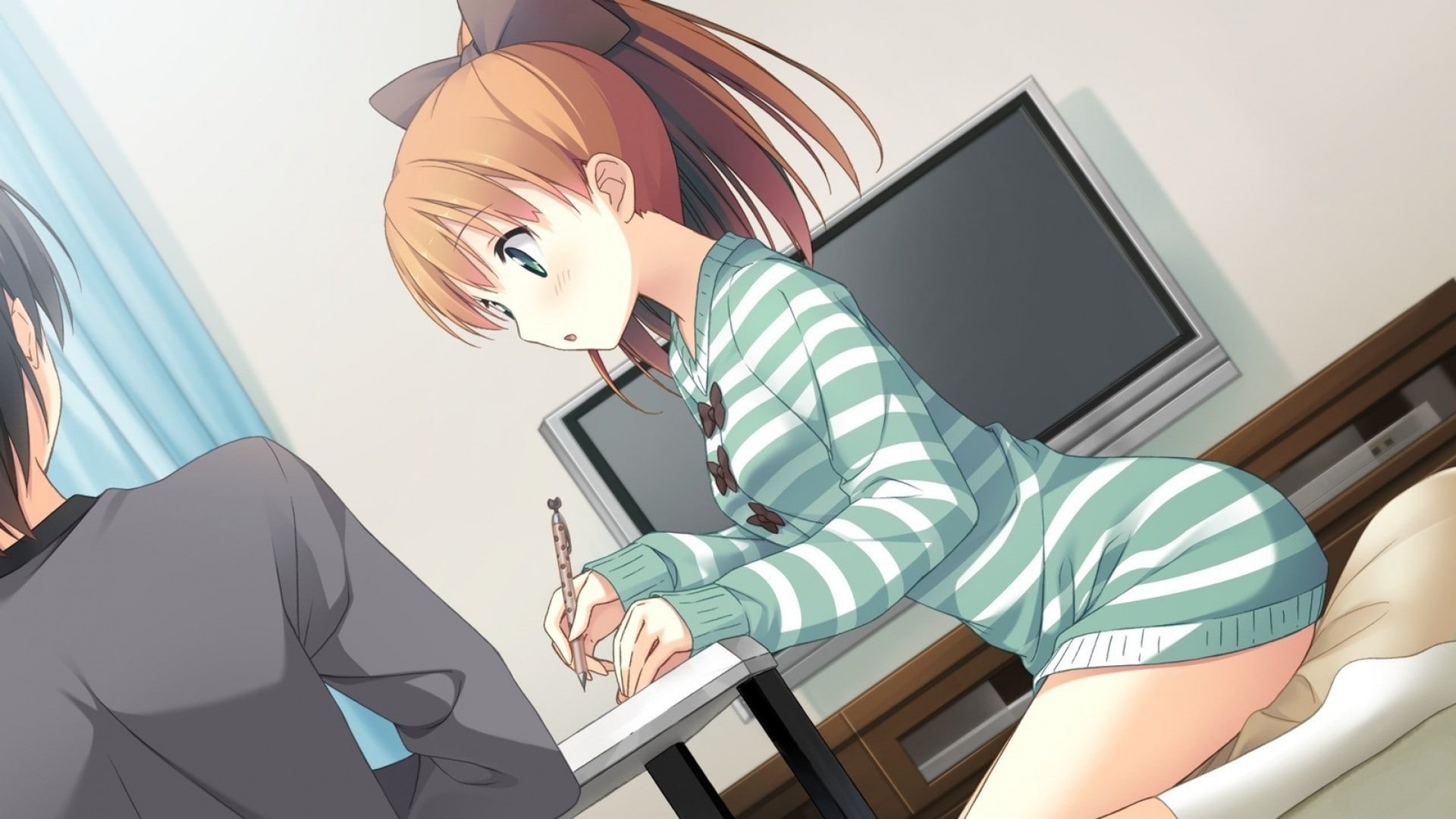 visual novel, adult, people, technology, seat, anime, sitting, green eyes, Minagawa Yuuhi, beautiful woman, anime girls, business, Your Diary, indoors, HD Wallpaper