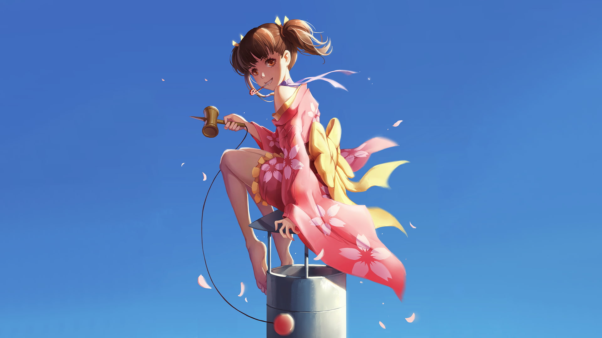 blue background, Mumei, outdoors, women, females, adult, 1080P, sky, day, redhead, anime, young women, clear sky, fashion, Koutetsujou no Kabaneri, beautiful woman, HD Wallpaper