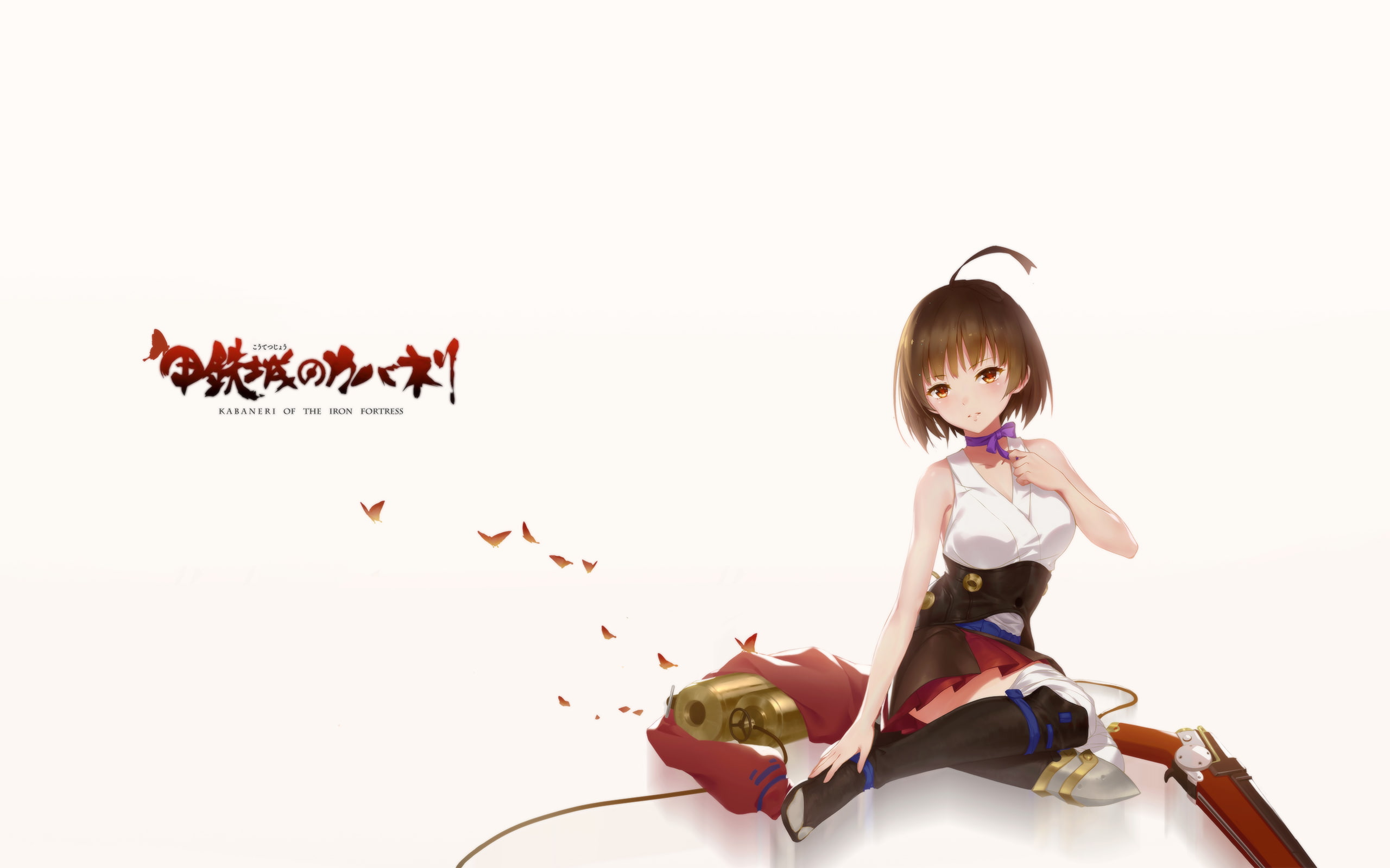 simple background, anime girls, Mumei, Koutetsujou no Kabaneri, 2K, sitting, HD Wallpaper