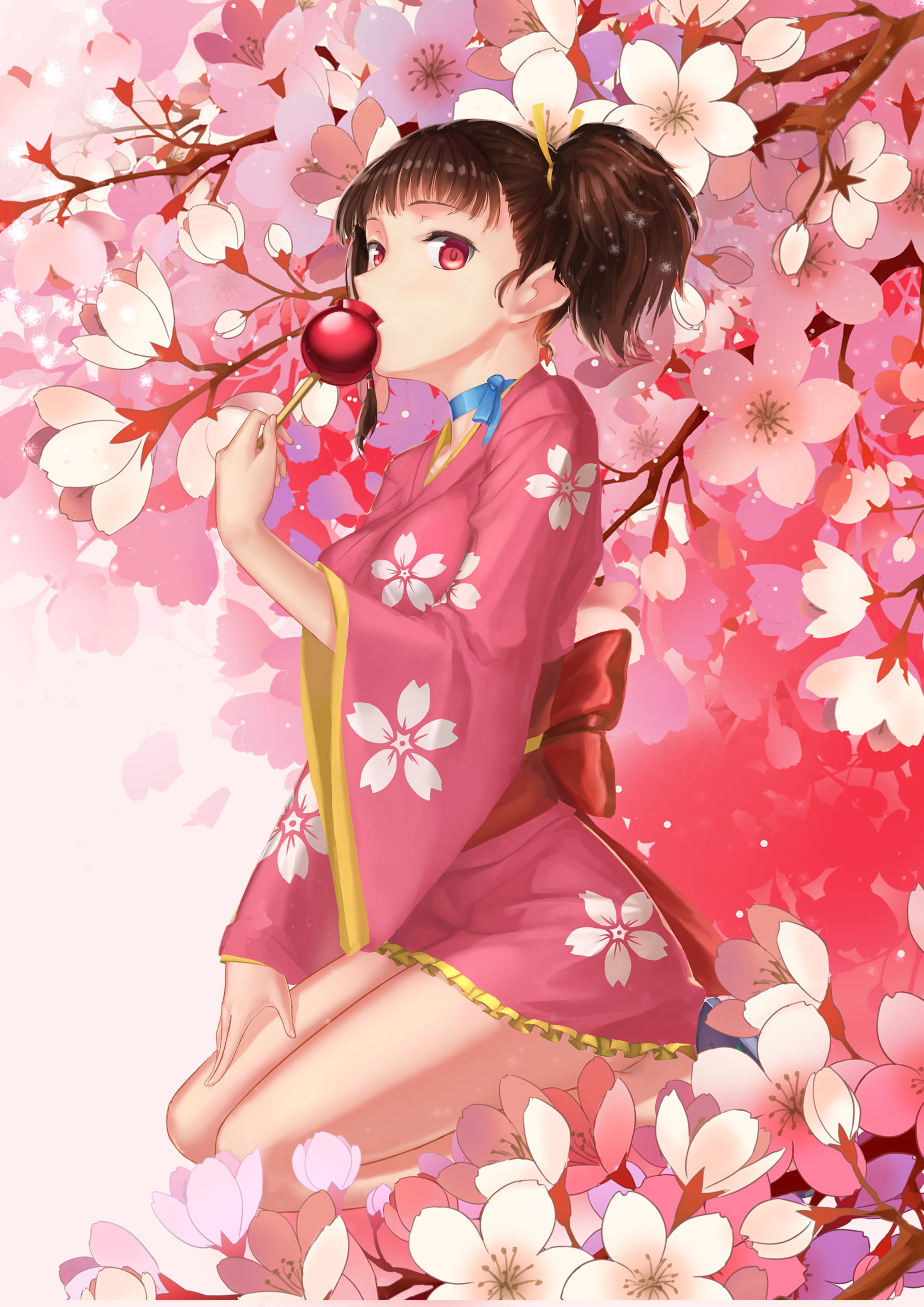 Koutetsujou no Kabaneri, short hair, anime, 2K, flowers, yukata, apples, anime girls, red eyes, Mumei, Phone HD Wallpaper