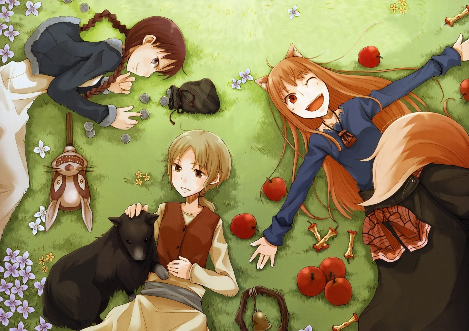 food, nature, child, male likeness, female likeness, Anime, men, high angle view, art and craft, lying, fruit, Chloe (Spice and Wolf), animal, HD Wallpaper