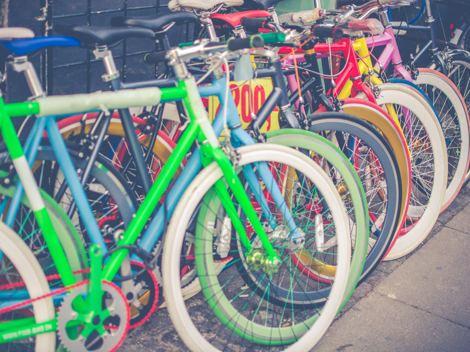 close-up, outdoors, street, wheel, multi colored, 720P, focus on foreground, land vehicle, spoke, bicycle rack, large group of objects, metal, bicycle, HD Wallpaper