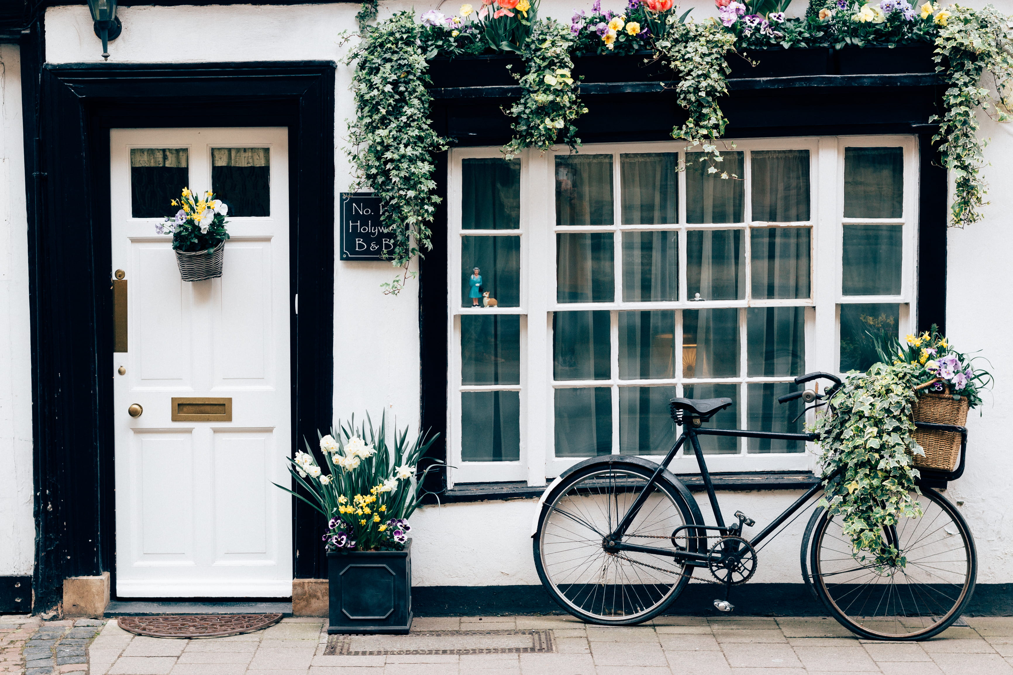 white door, day, white, old style, sweet, wooden, building, bandb, street view, vintage, window, nature, window box, bicycle, facade, land vehicle, near, HD Wallpaper