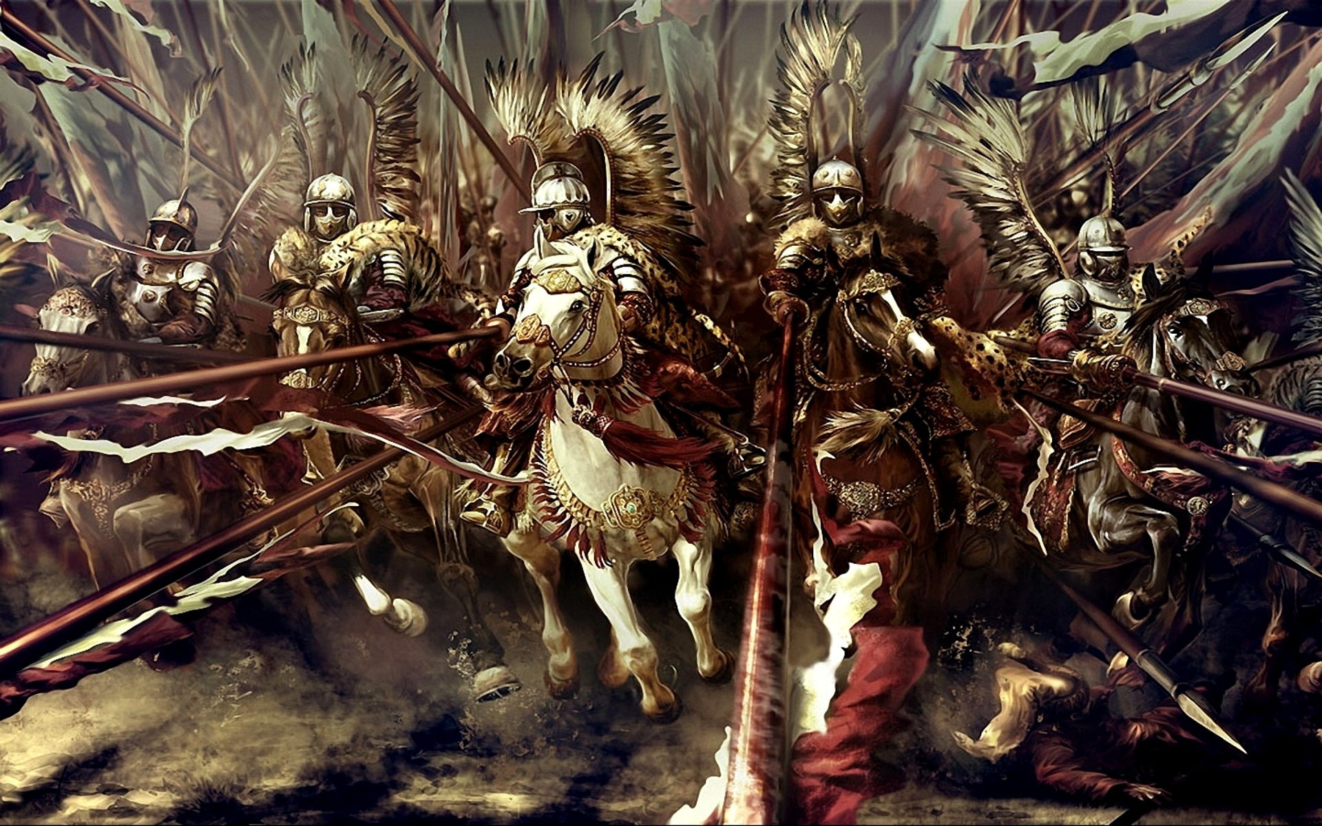 weapons, cruise, horse, hussars, 1080P, 17th century, attack, wings, Polish, figure, art, armor, HD Wallpaper