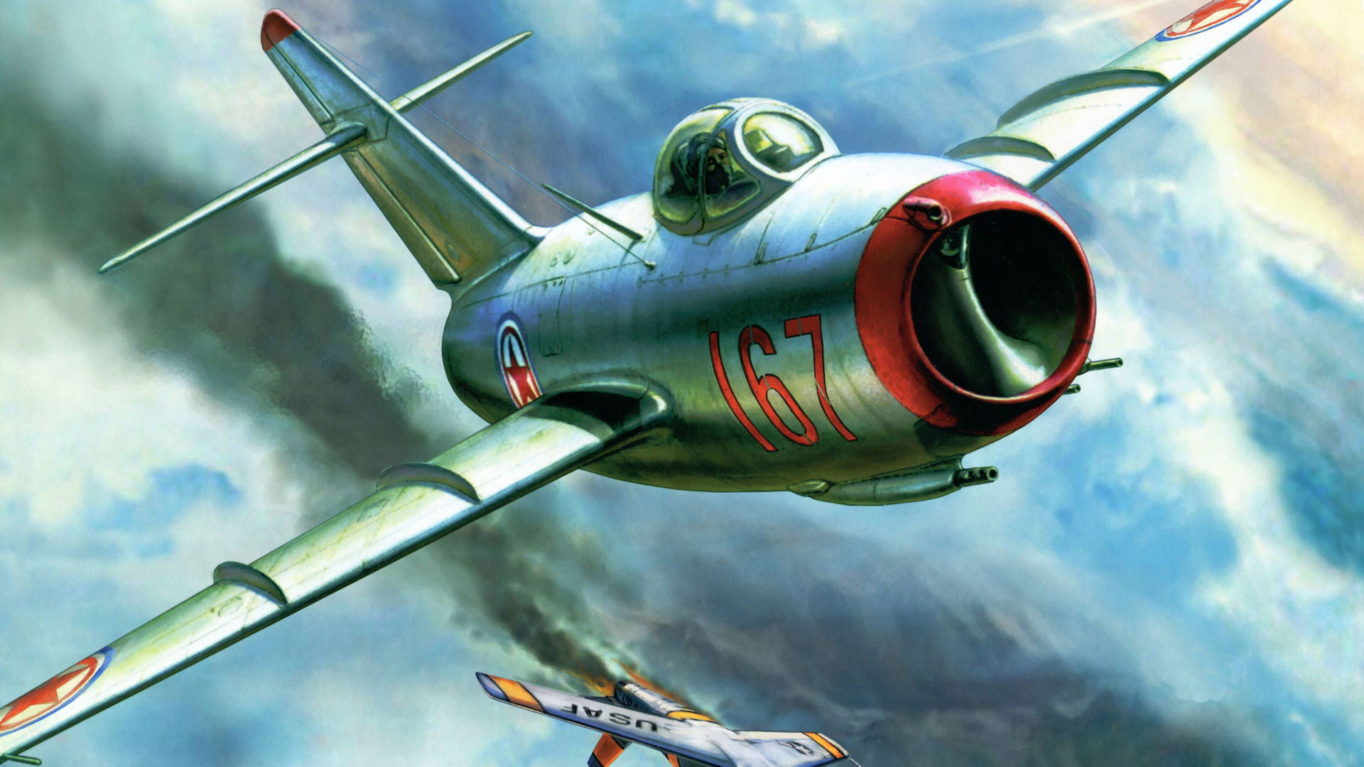 figure, war, Nikolai, on the move, sky, weapon, red, painting, The MiG-15, air vehicle, cloud - sky, military, OKB Mikoyan and Gurevich, no people, flying, HD Wallpaper
