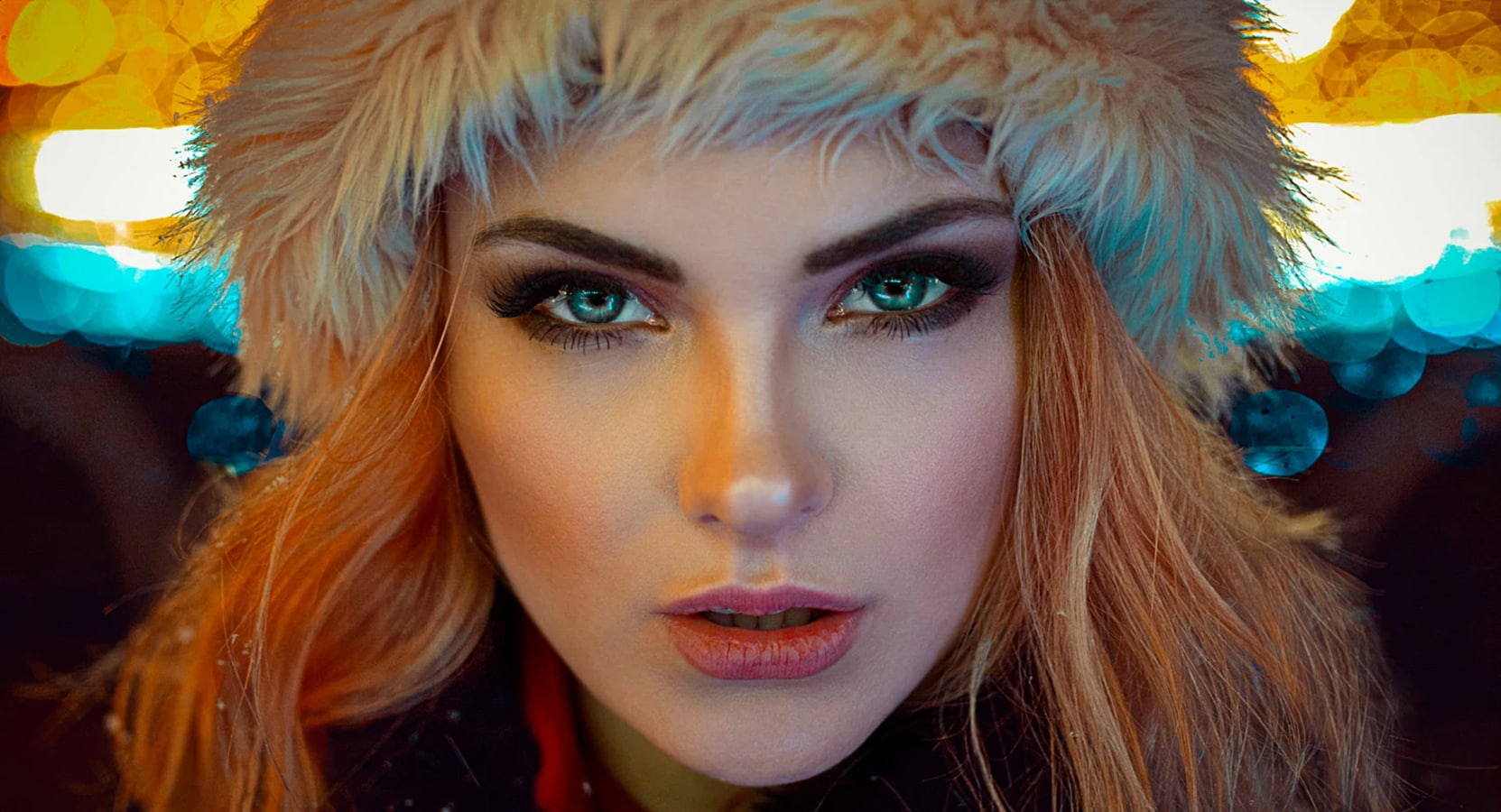pink lipstick, bokeh, blue eyes, looking at viewer, portrait, Carla Sonre, closeup, women, 720P, face, blonde, bonnet, model, winter, HD Wallpaper