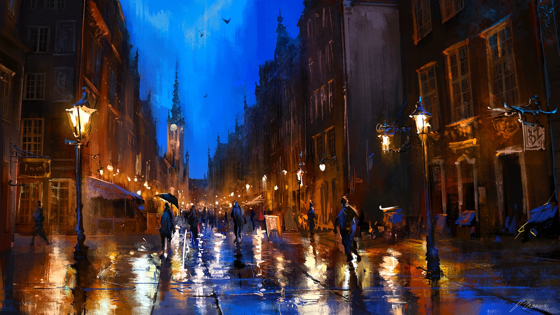 black, water, watercolor, 1080P, built structure, yellow, wet, large group of people, nature, walking, crow, building, women, Ozabrout, rainy season, city, HD Wallpaper