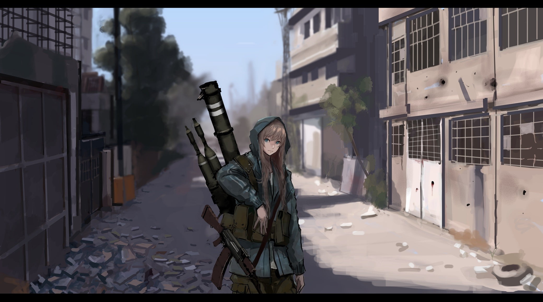 one person, building, holding, leisure activity, weapon, anime girls, portrait, standing, real people, communication, clothing, long hair, looking at camera, HD Wallpaper