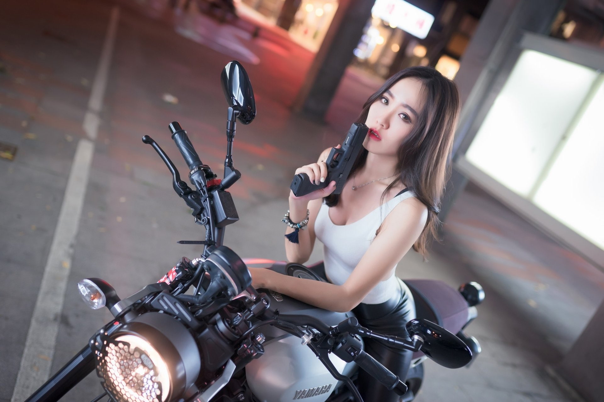 Model, Women, Girl, Brown Eyes, 1080P, Girls and Guns, Asian, Woman, Handgun, Motorcycle, Brunette, HD Wallpaper