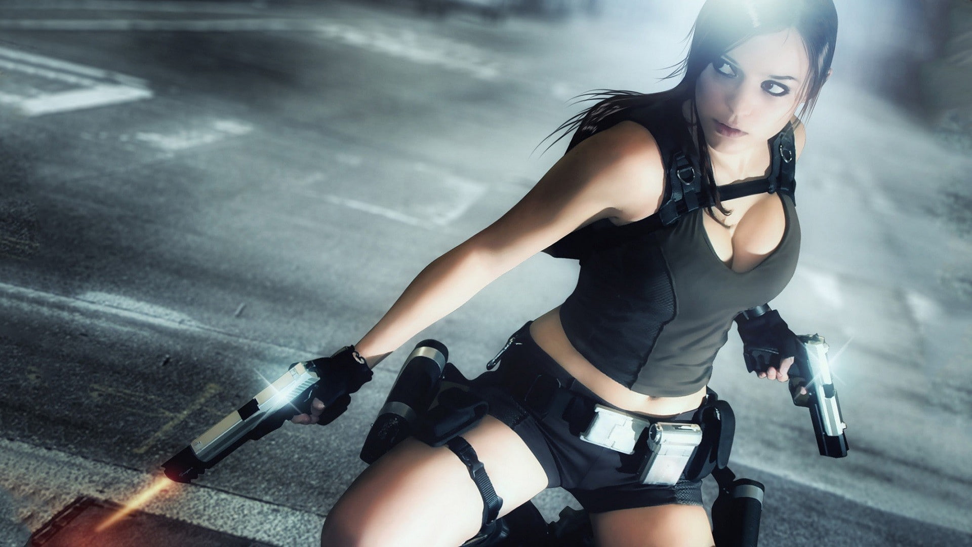 brunette, tomb, cosplay, croft, lara, handgun, raider, cleavage, 1080P, HD Wallpaper