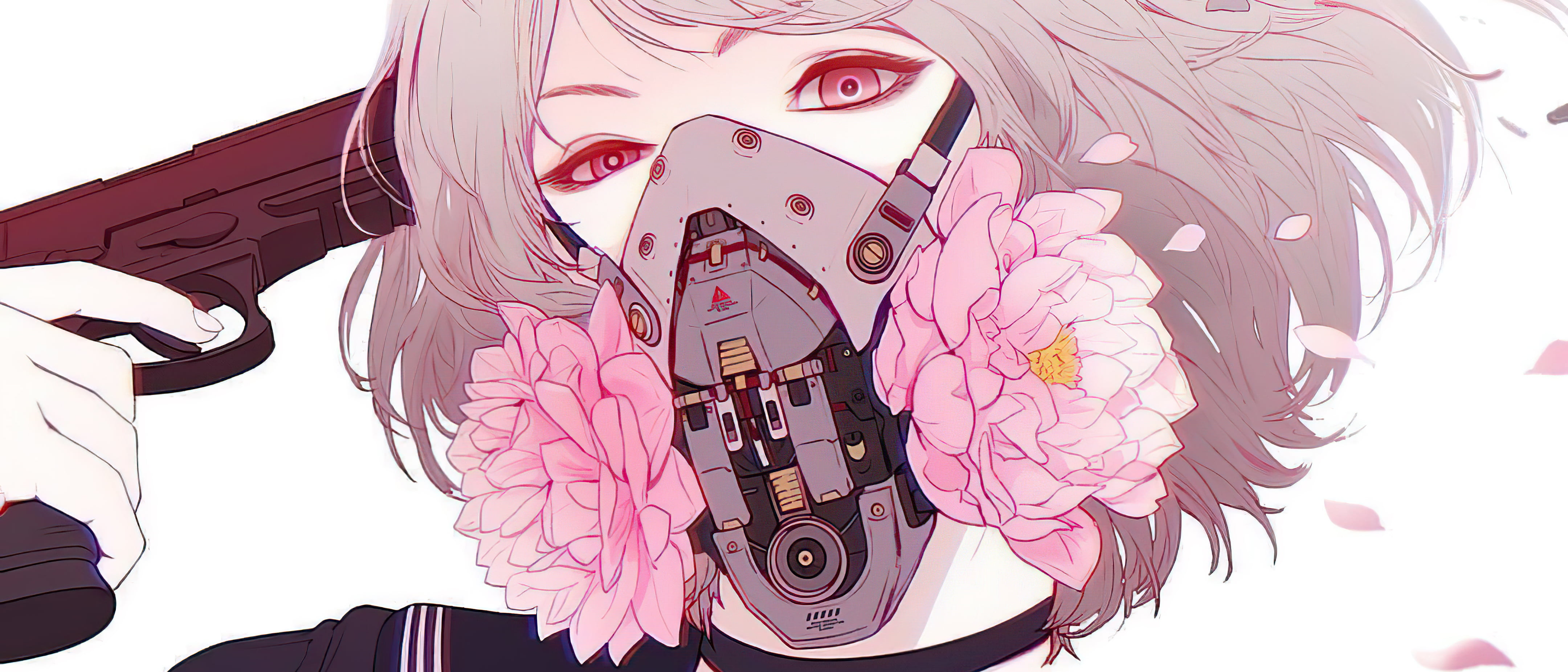 women, weapon, red eyes, white background, short hair, 4K, Park JunKyu, Handgun, simple background, mask, artwork, flowers, HD Wallpaper
